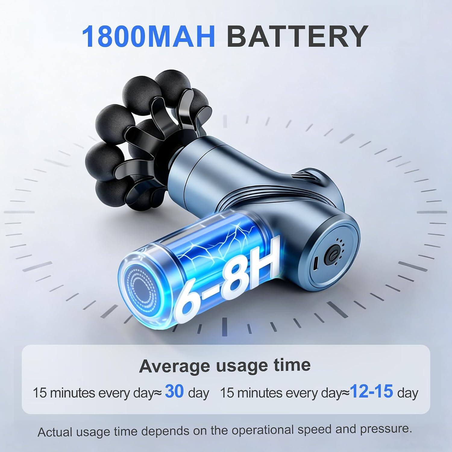 1800MAH BATTERY

6-8H

Average usage time

15 minutes every day ≈ 30 day

15 minutes every day ≈ 12-15 day

Actual usage time depends on the operational speed and pressure.