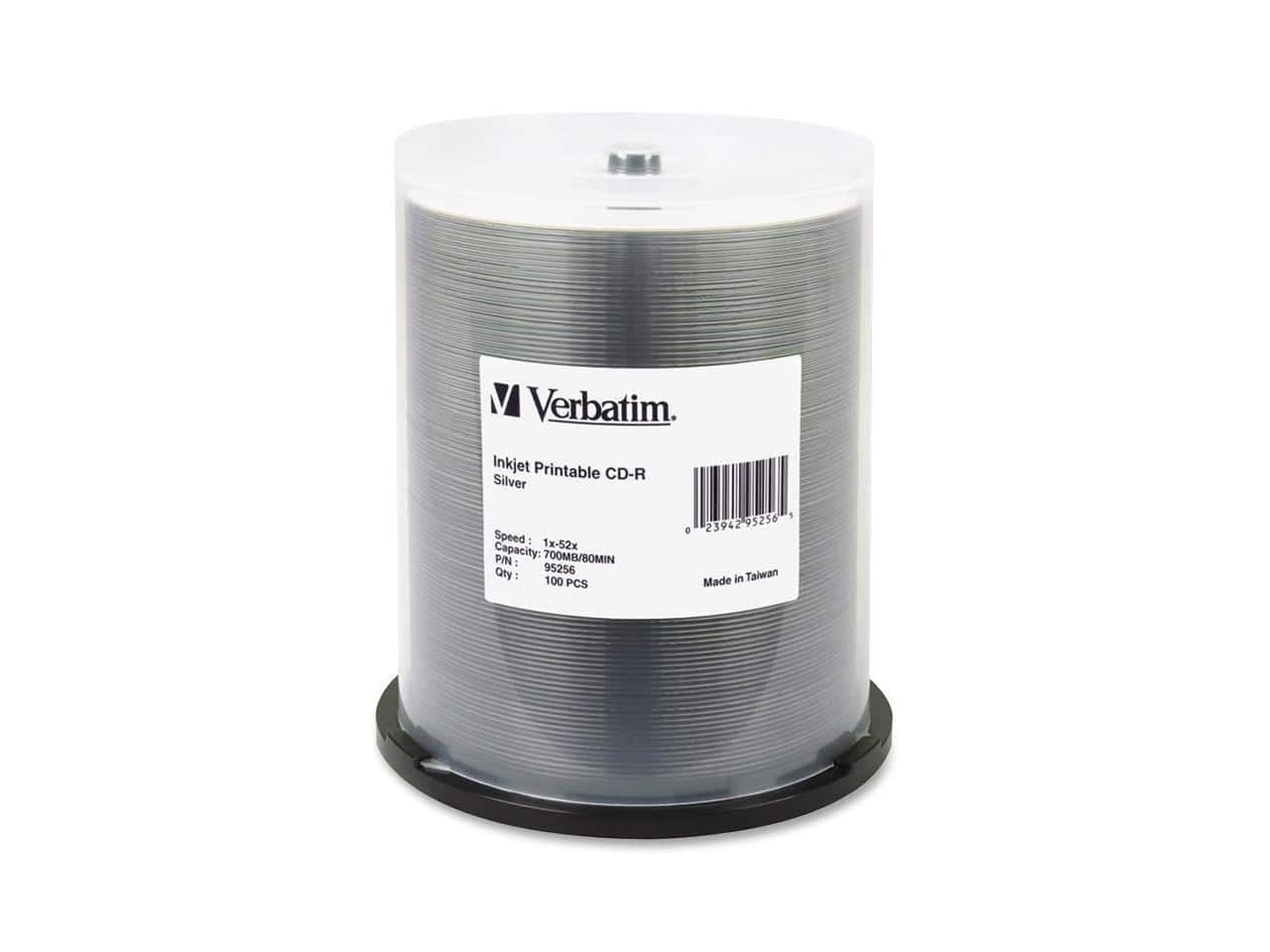 Verbatim - 700MB 52X CD-R Inkjet Printable 100 Packs Spindle Media Model 95256 - Silver