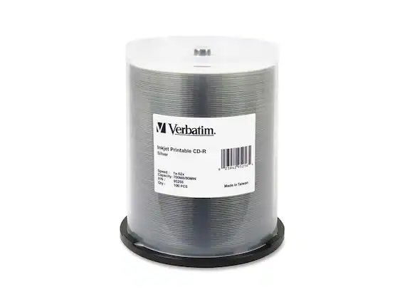 Verbatim
Inkjet Printable CD-R Silver
Speed: 1x-52x
Capacity: 700MB/80MIN
P/N: 95256
Qty: 100 PCS
Made in Taiwan