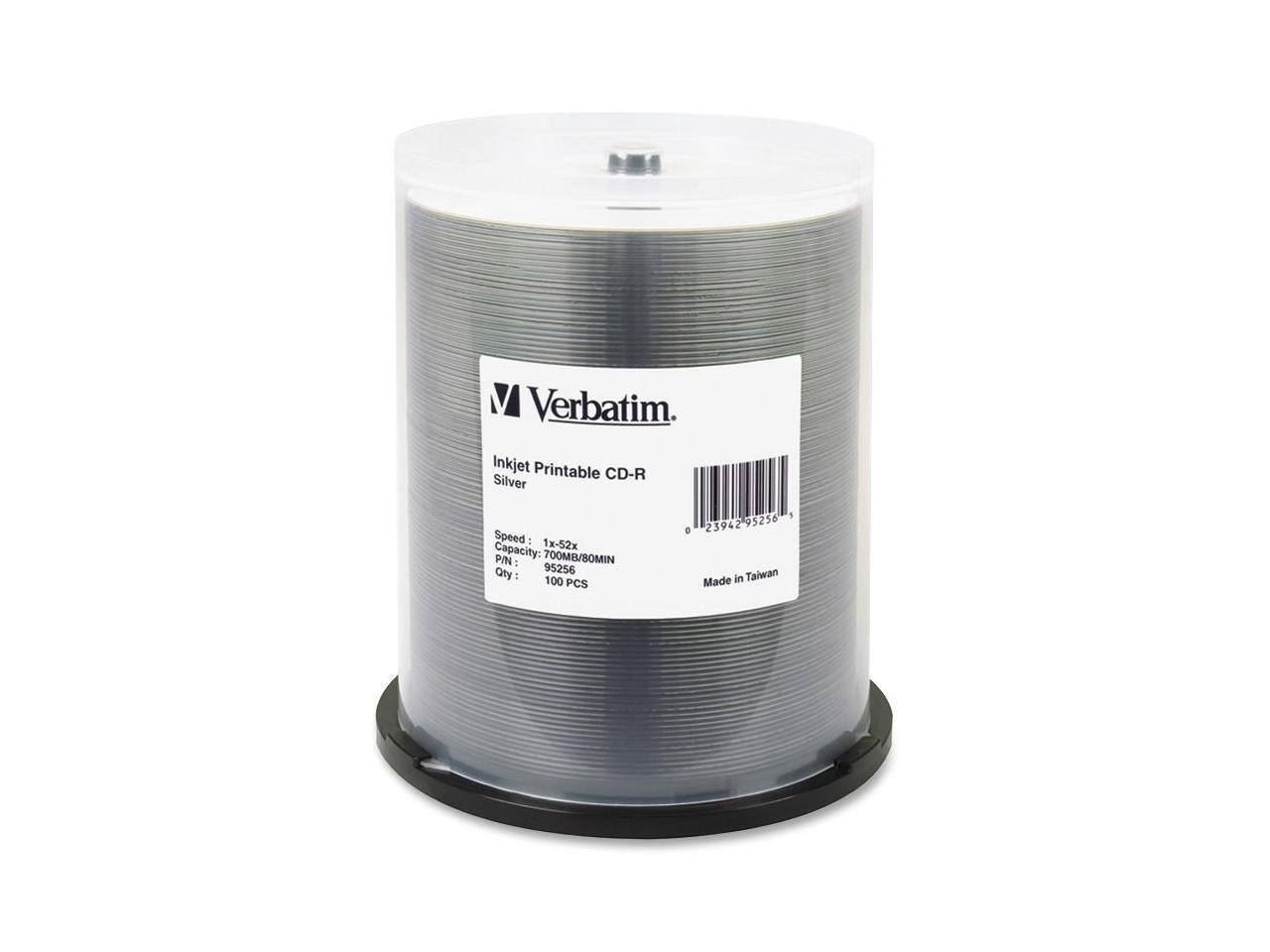 Verbatim  
Inkjet Printable CD-R Silver  
Speed: 1x-52x  
Capacity: 700MB/80MIN  
P/N: 95256  
Qty: 100 PCS  
Made in Taiwan