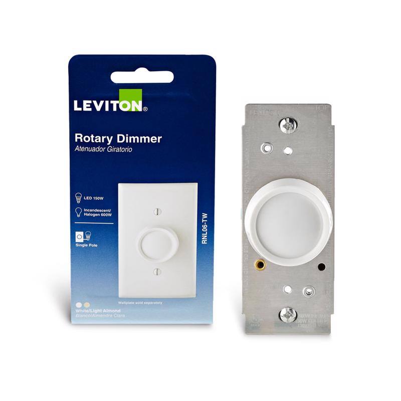LEVITON Rotary Dimmer Atenuador Giratorio LED 150W Incandescent/Halogen 600W Single Pole RNL06-TW White/Light Almond Blanco/Amendrada Clara