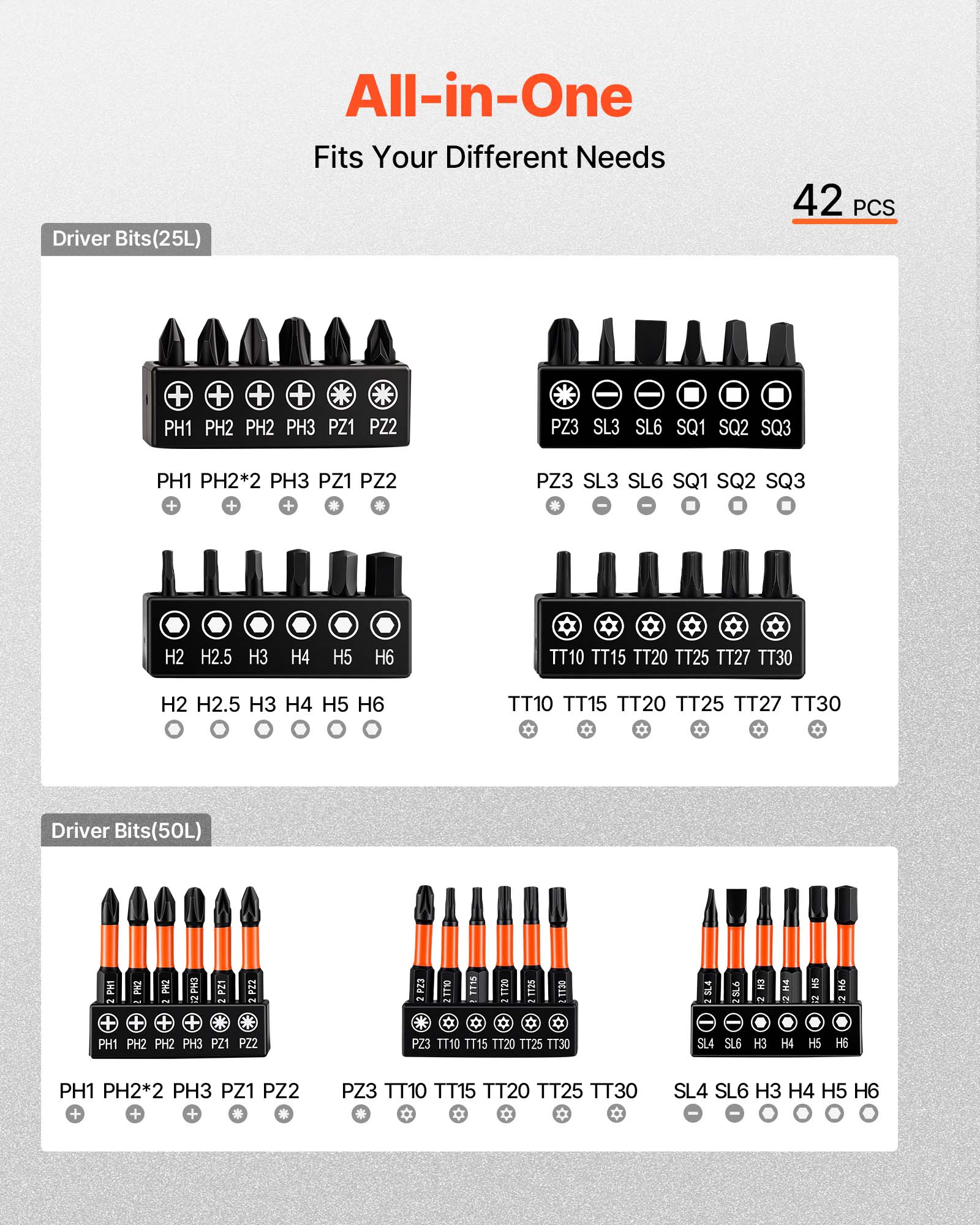 Driver Bits(25L) All-in-One Fits Your Different Needs 42 PCS

PH1 PH2 PH2 PH3 PZ1 PZ2 PZ3 SL3 SL6 SQ1 SQ2 SQ3
PH1 PH2*2 PH3 PZ1 PZ2 PZ3 SL3 SL6 SQ1 SQ2 SQ3
H2 H2.5 H3 H4 H5 H6 TT10 TT15 TT20 TT25 TT27 TT30

Driver Bits(50L)
PH1 PH2 PH2 PH3 PZ1 PZ2 PZ3 TT10 TT15 TT20 TT25 TT27 TT30
SL4 SL6 H3 H4 H5 H6