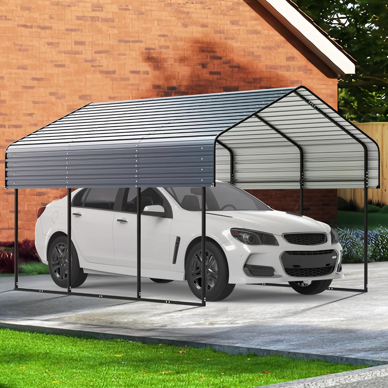Front. Essen Blissed - 10'x15' Heavy Duty Metal Carport, Outdoor Garage Car Shelter Shade , Galvanized Metal Roof for Car and Boats, Grey.
