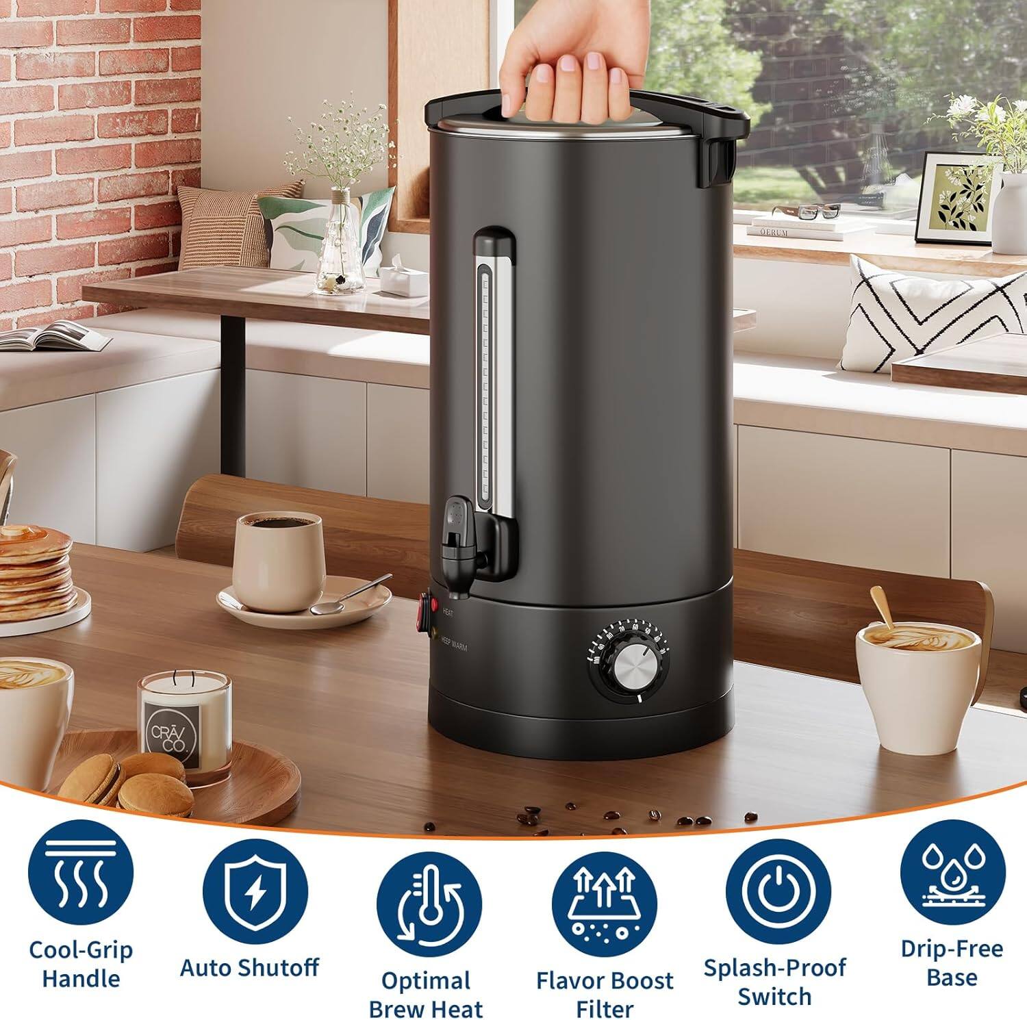 - Cool-Grip Handle
- Auto Shutoff
- Optimal Brew Heat
- Flavor Boost Filter
- Splash-Proof Switch
- Drip-Free Base