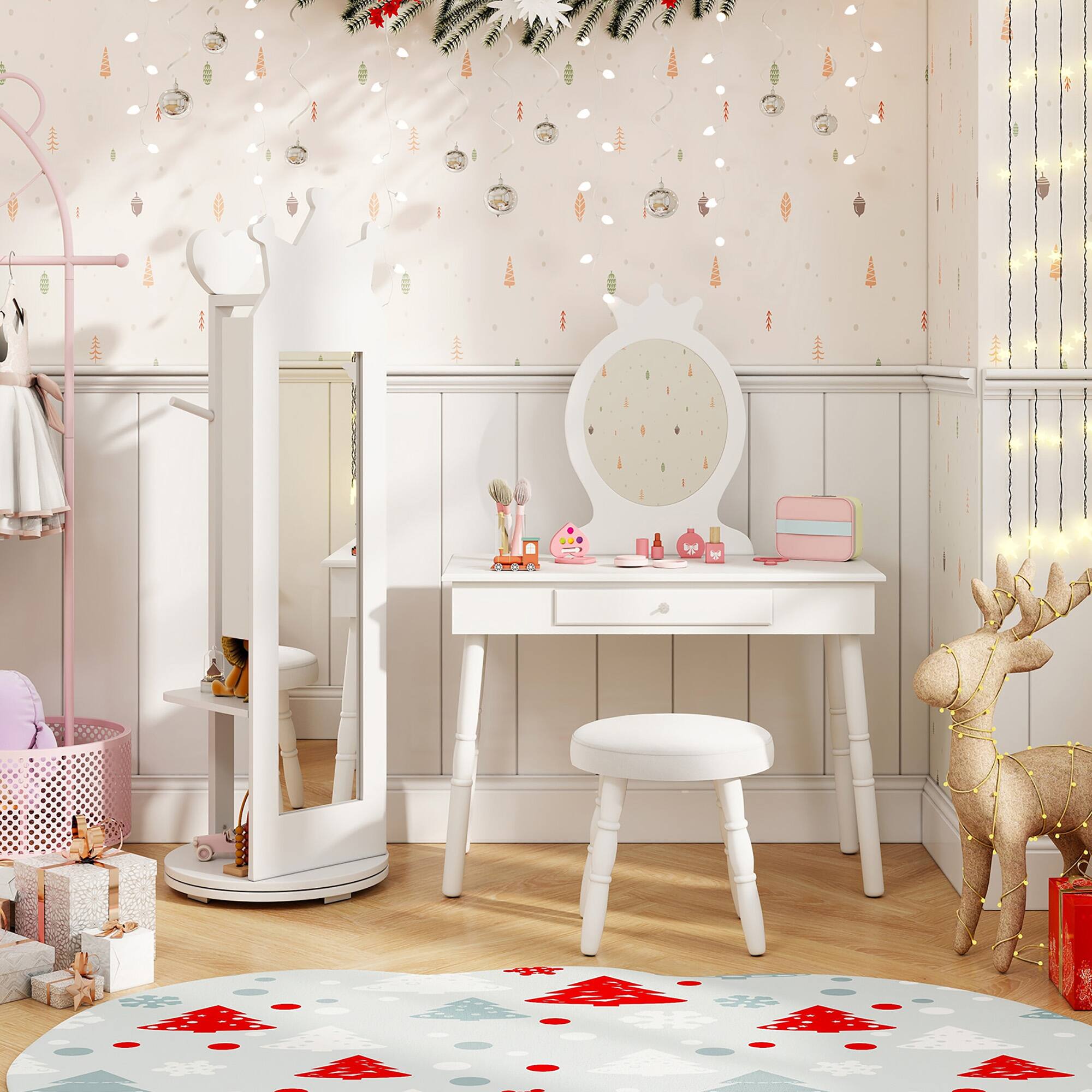 Alt View 1. Gymax - Gymax Kids Vanity Set Princess Makeup Dressing Table & Chair Set w/ Coat Rack White - White.