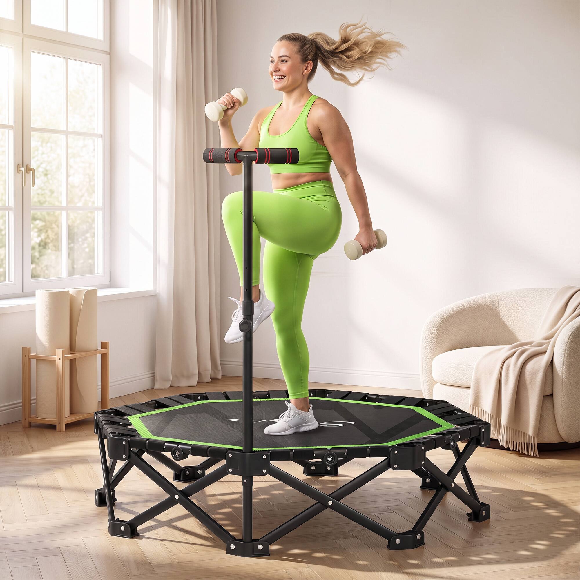Alt View 1. Soozier - 50" Foldable Mini Trampoline for Adults, One-Step Fold & Open, 550LBS Capacity, 3-Level Adjustable Handle - Green, Black.