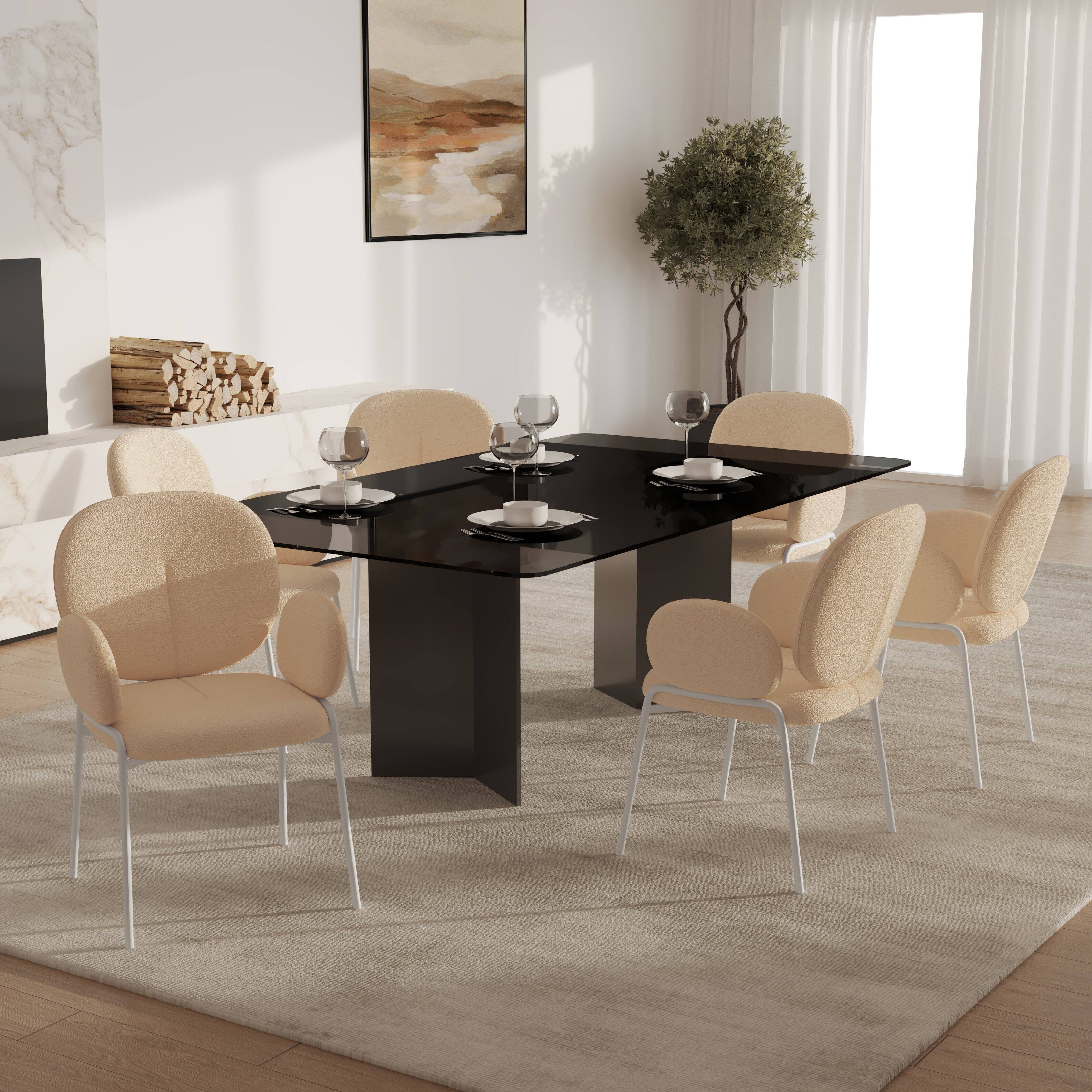Left. LeisureMod - Celestial Modern Boucle Dining Chair with Arms, Textured Fabric Upholstered Armchair - White Metal Frame Kitchen Chair - Beige.