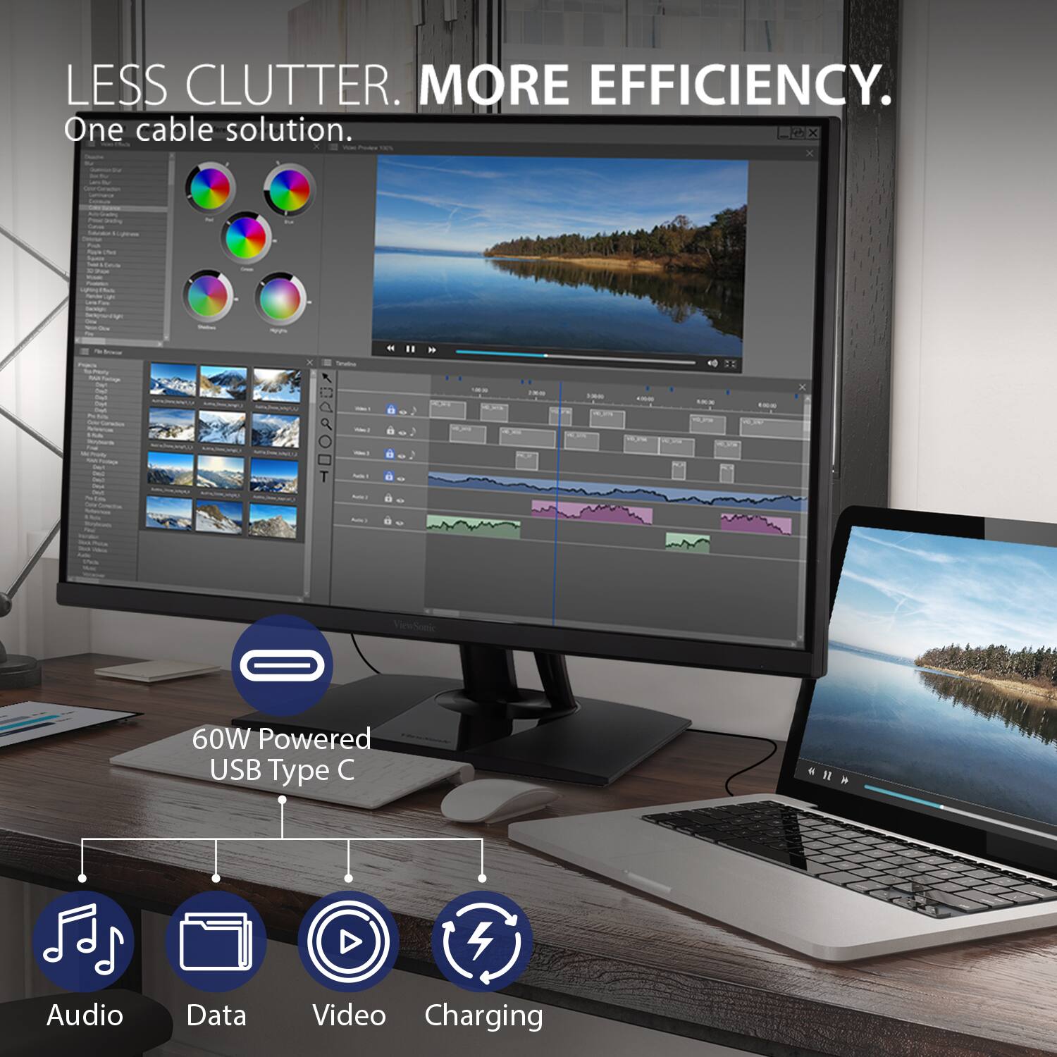 LESS CLUTTER. MORE EFFICIENCY.  
One cable solution.  

60W Powered USB Type C  
Audio  
Data  
Video  
Charging