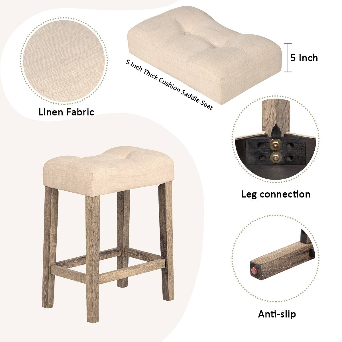 Linen Fabric  
5 Inch Thick Cushion Saddle Seat  
5 Inch  
Leg connection  
Anti-slip