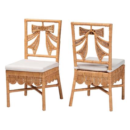 Front. bali & pari - Abia Natural Rattan 2-Piece Dining Chair Set - Handwoven Wicker Accent Side Chair with Bow and Ribbon Design - Light Honey.