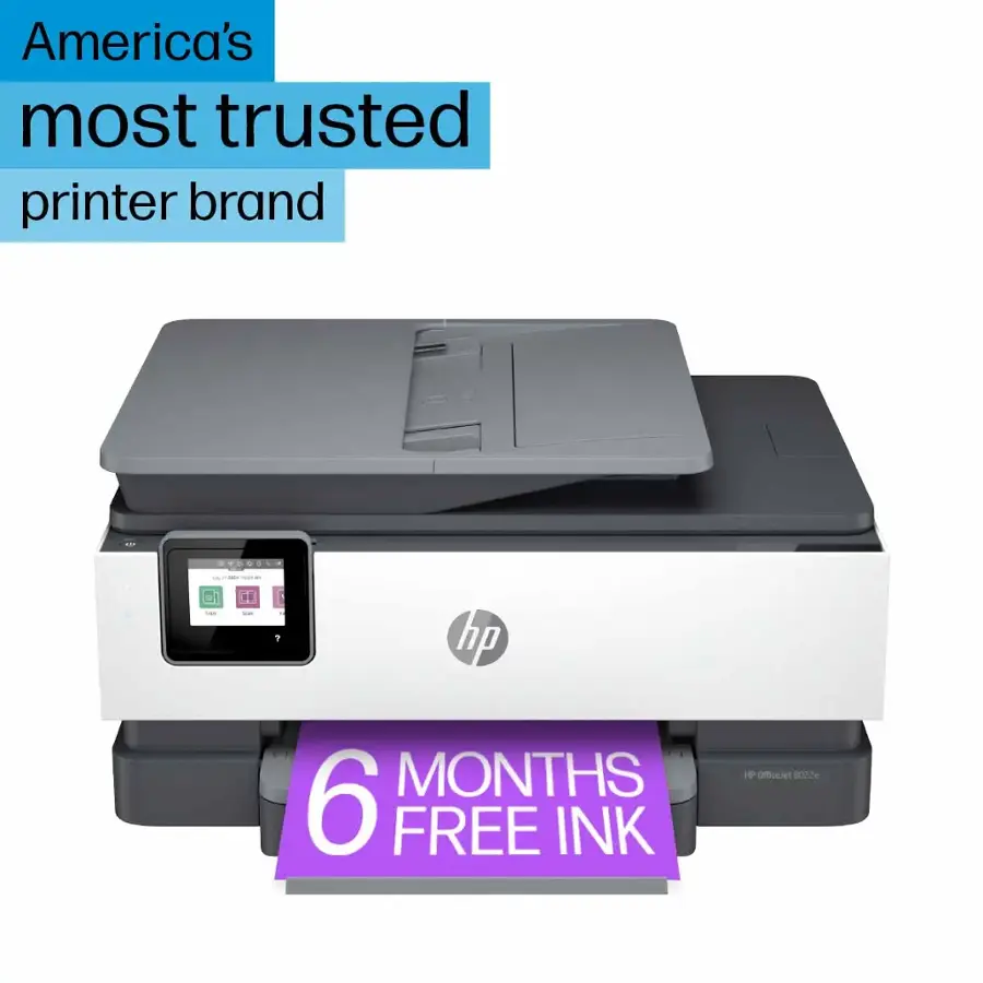 America's most trusted printer brand: HP. 6 months free ink. HP OfficeJet 8022e.
