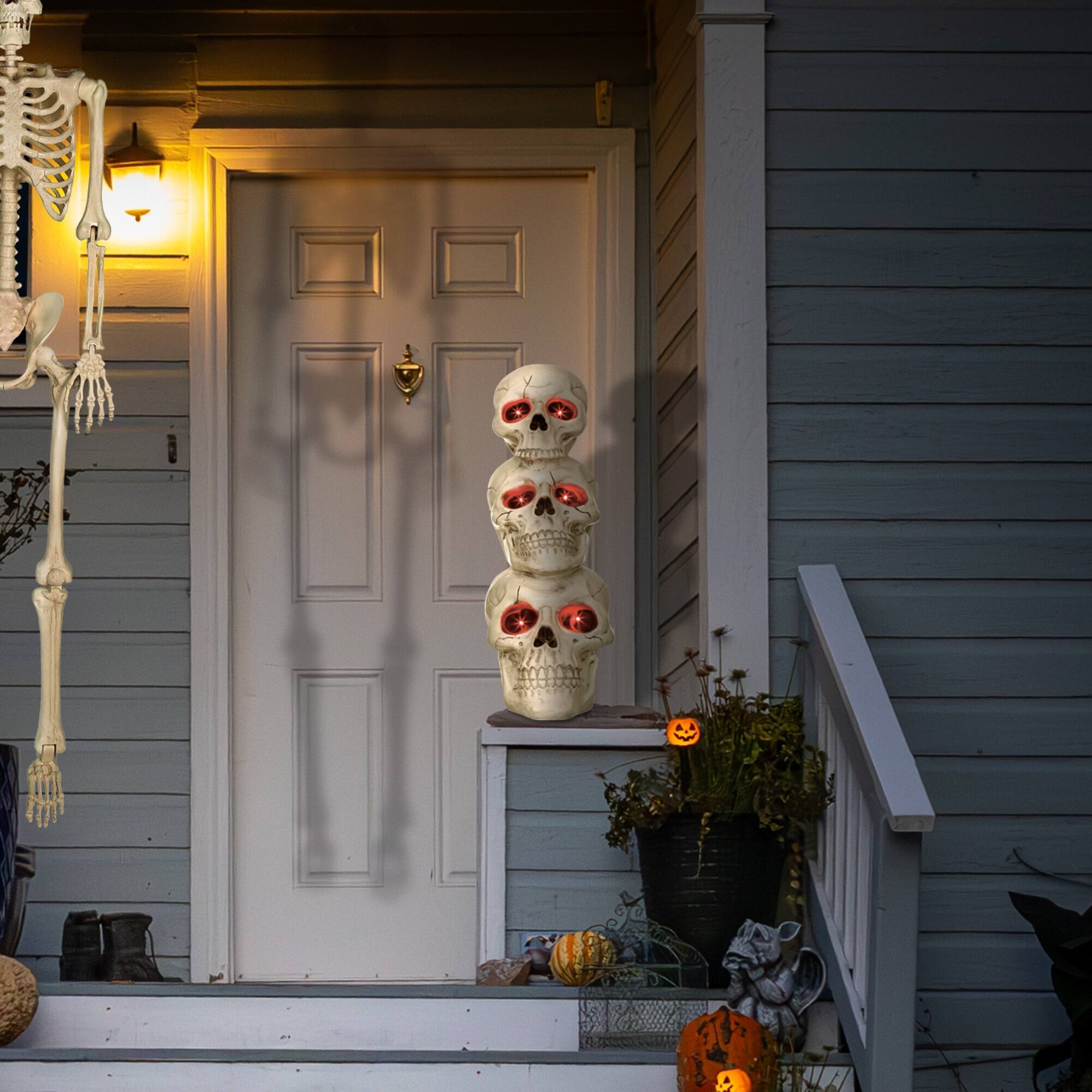 Alt View 5. BOO BOX - Stacked Skulls with LED Eyes and Sound - 27.5-in Scary Halloween Decor - White.