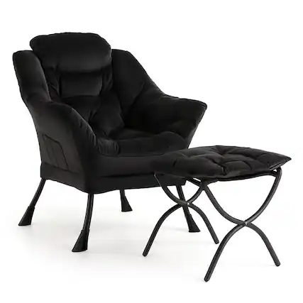 Front. Babevy - Lazy Chair with Ottoman, Modern Lounge Accent Chair, Leisure Sofa Armchair with Footrest & Side Pocket - Velvet Black.
