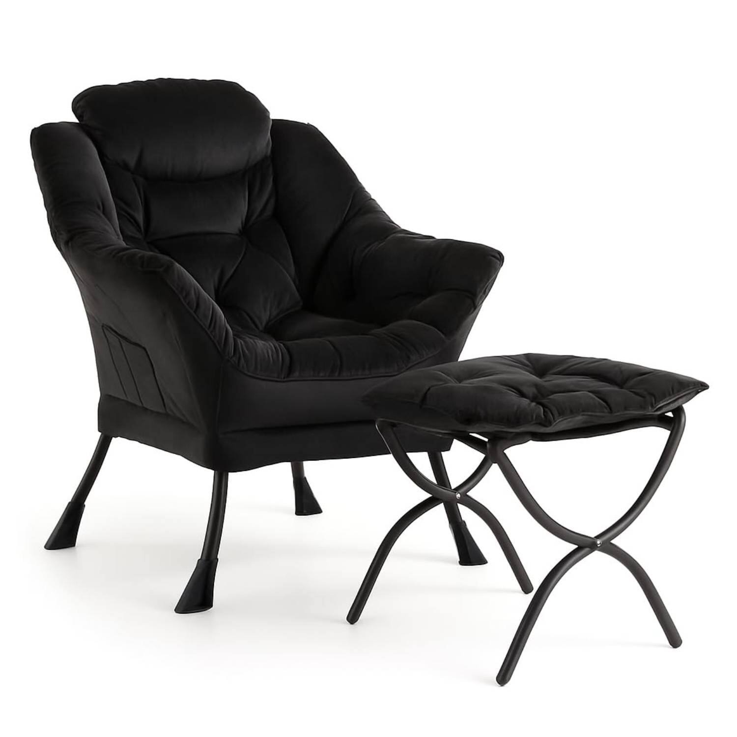 Front. Babevy - Lazy Chair with Ottoman, Modern Lounge Accent Chair, Leisure Sofa Armchair with Footrest & Side Pocket - Velvet Black.