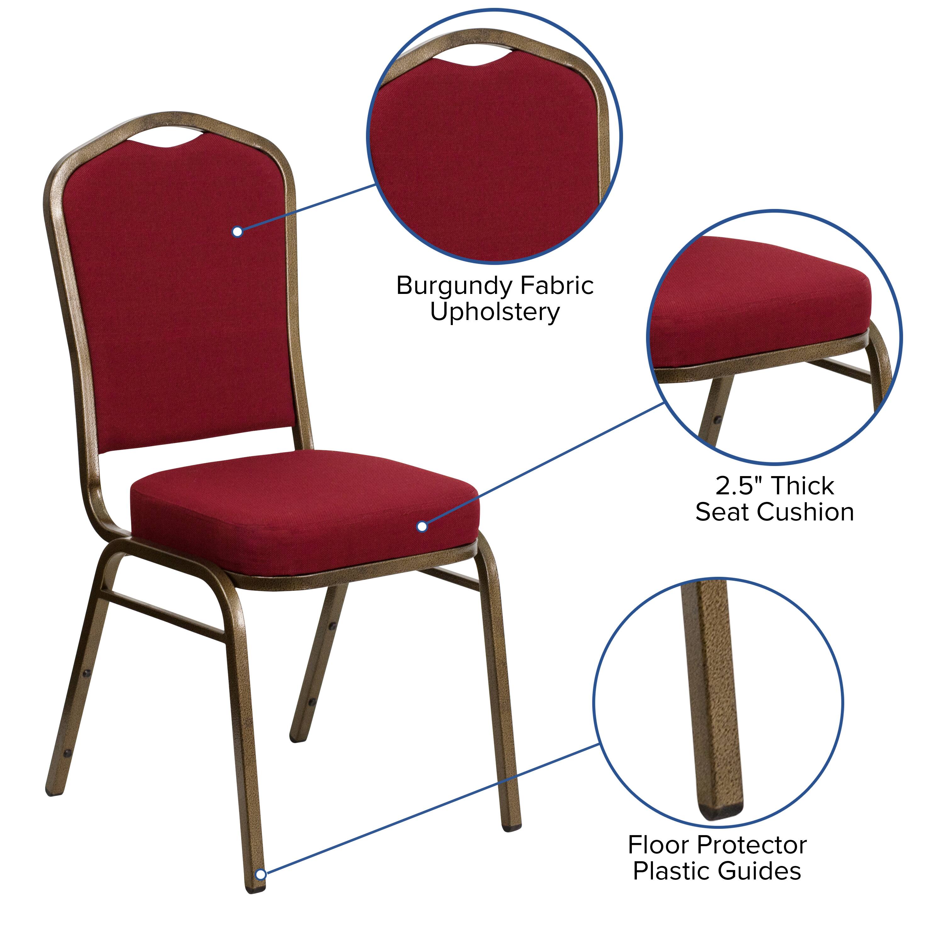Burgundy Fabric Upholstery  
2.5" Thick Seat Cushion  
Floor Protector Plastic Guides