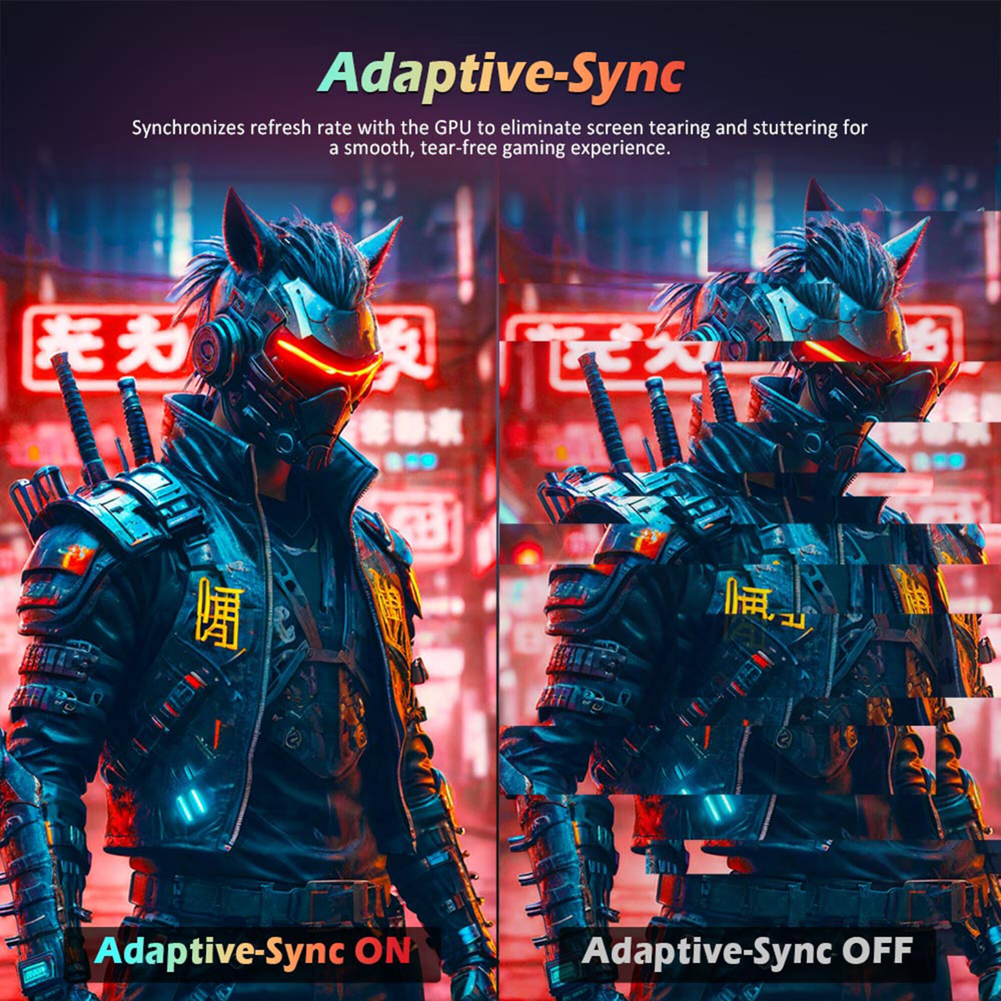 Adaptive-Sync Synchronizes refresh rate with the GPU to eliminate screen tearing and stuttering for a smooth, tear-free gaming experience. Adaptive-Sync ON Adaptive-Sync OFF