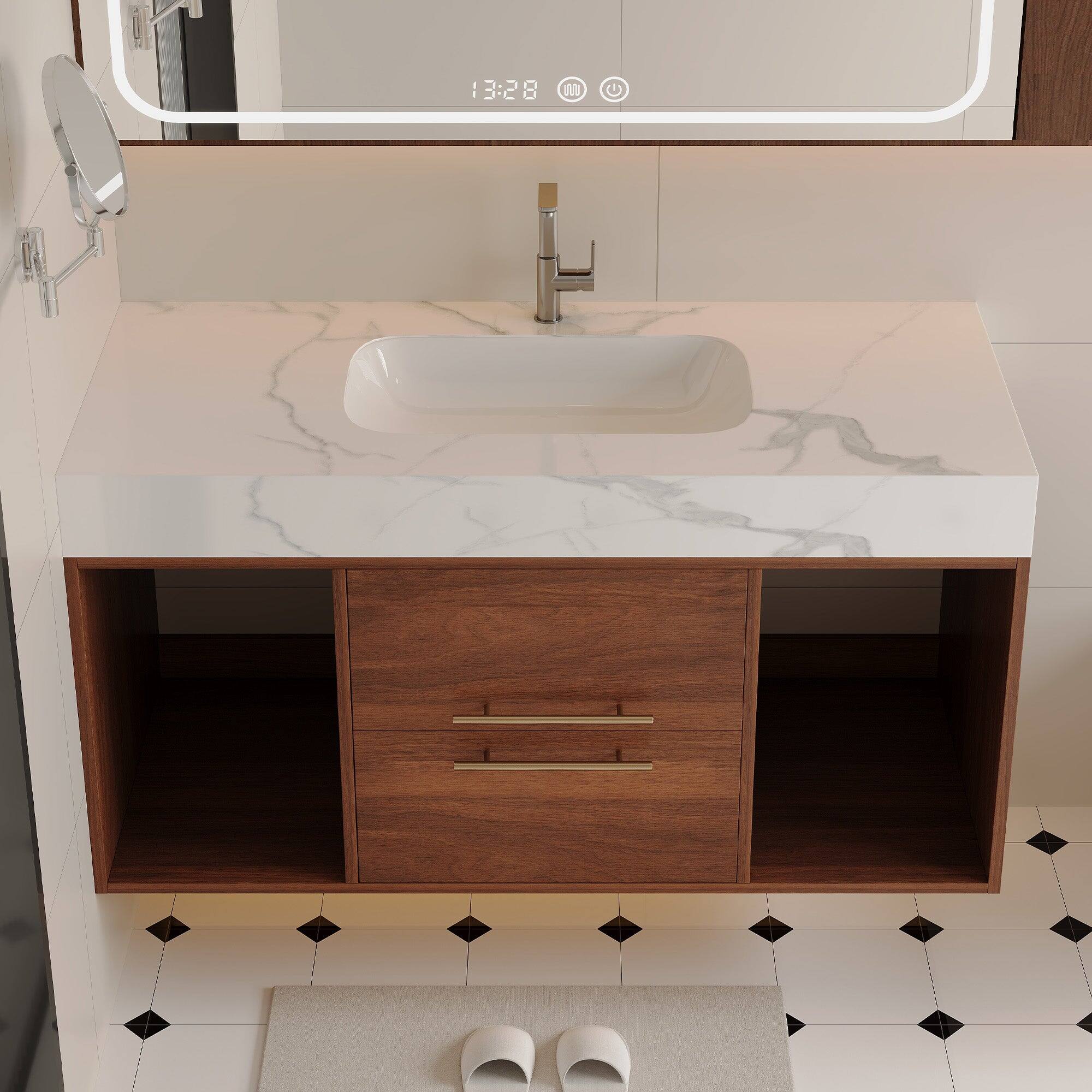 Alt View 1. Boyel Living - 39.4 In Floating Bathroom Vanity Oval Ceramic Sink Solid Wood Soft Close Drawers - Walnut.