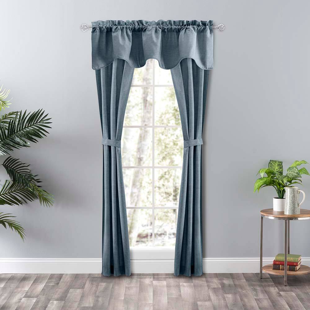 Left. Ellis Curtain - Ellis Curtain Lisa Solid Poly Cotton Duck Fabric Tailored Panel Pair with Ties 56" x 84" Dusty Blue - Dusty blue.