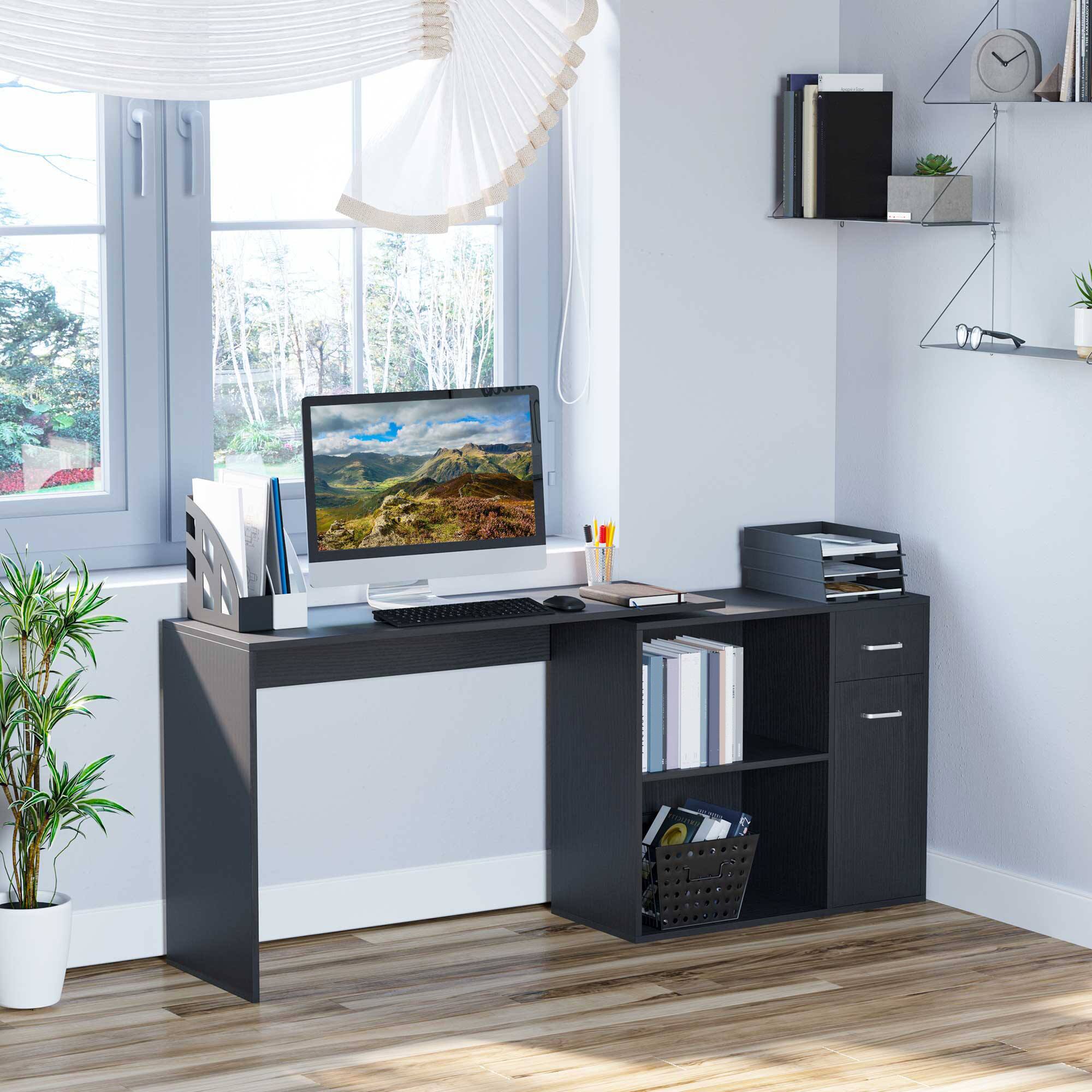 Alt View 1. Homcom - ​​L Shaped Computer Desk, 180° Rotating Corner Desk with Storage Shelves, Drawer and Cabinet​​ - Black.