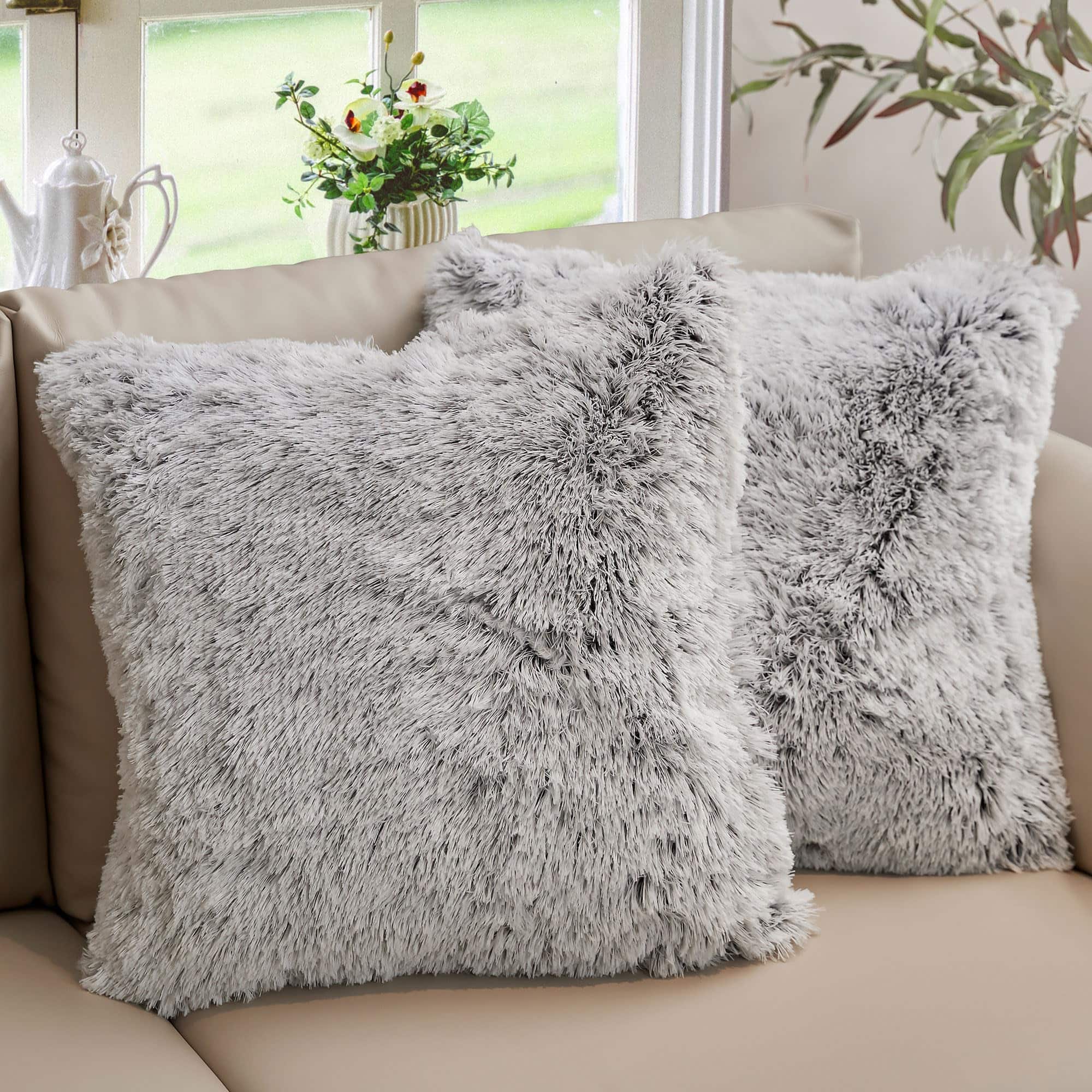 Cheer Collection - Luxe Shaggy Faux Fur Decorative Throw Pillow Set of Two for Sofa Bed and Chairs - Gray Ombre