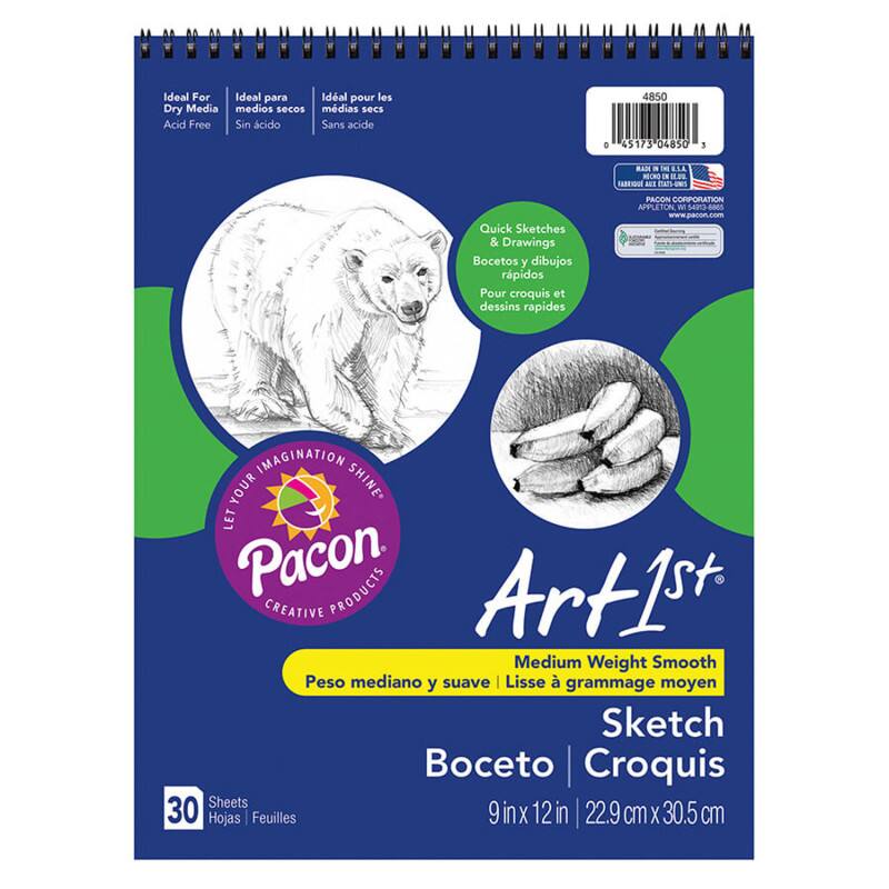 Ideal For  
Ideal para  
Idéal pour les  
Dry Media  
medios secos  
médias secs  
Acid Free  
Sin ácido  
Sans acide  

4850  
45173 04850  

Quick Sketches & Drawings  
Bocetos y dibujos rápidos  
Pour croquis et dessins rapides  

PACON CORPORATION  
APPLETON, WISCONSIN  
www.pacon.com  

IMAGINATION YOUR SHINE*  
LET Pacon. PRODUCTS  

Art1st  
CREATIVE Medium Weight Smooth  
Peso mediano y suave  
Lisse à grammage moyen  
Sketch  
Boceto  
Croquis  

30 Sheets  
Hojas | Feuilles  

9 in x 12 in | 22.9 cm x 30.5 cm