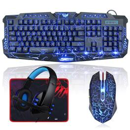 TECH SAFARI - Backlit Gaming Mouse And Led Headset Combo - Usb Wired 3 Color Crack Blue Light Set For Work - Default