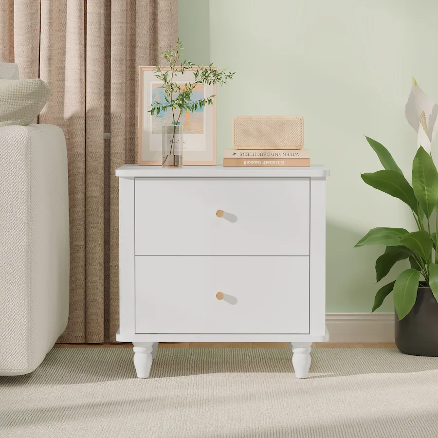 Bst Rnd Loheer Two Drawer Nightstand MDF Bedside Table with Round Knobs White ...