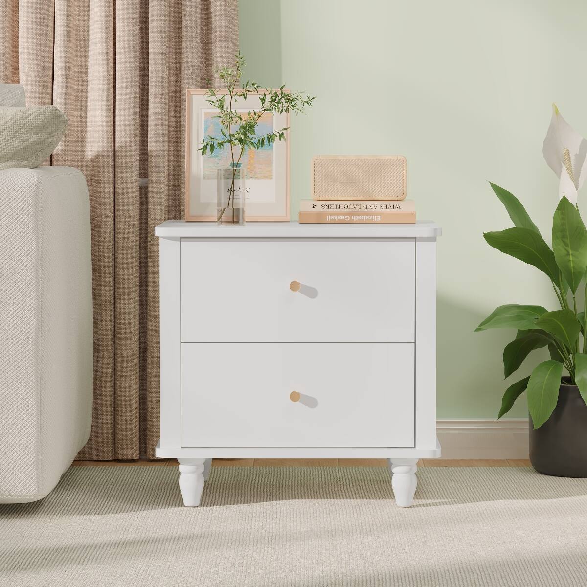 Loheer Two Drawer Nightstand MDF Bedside Table with Round Knobs White ...