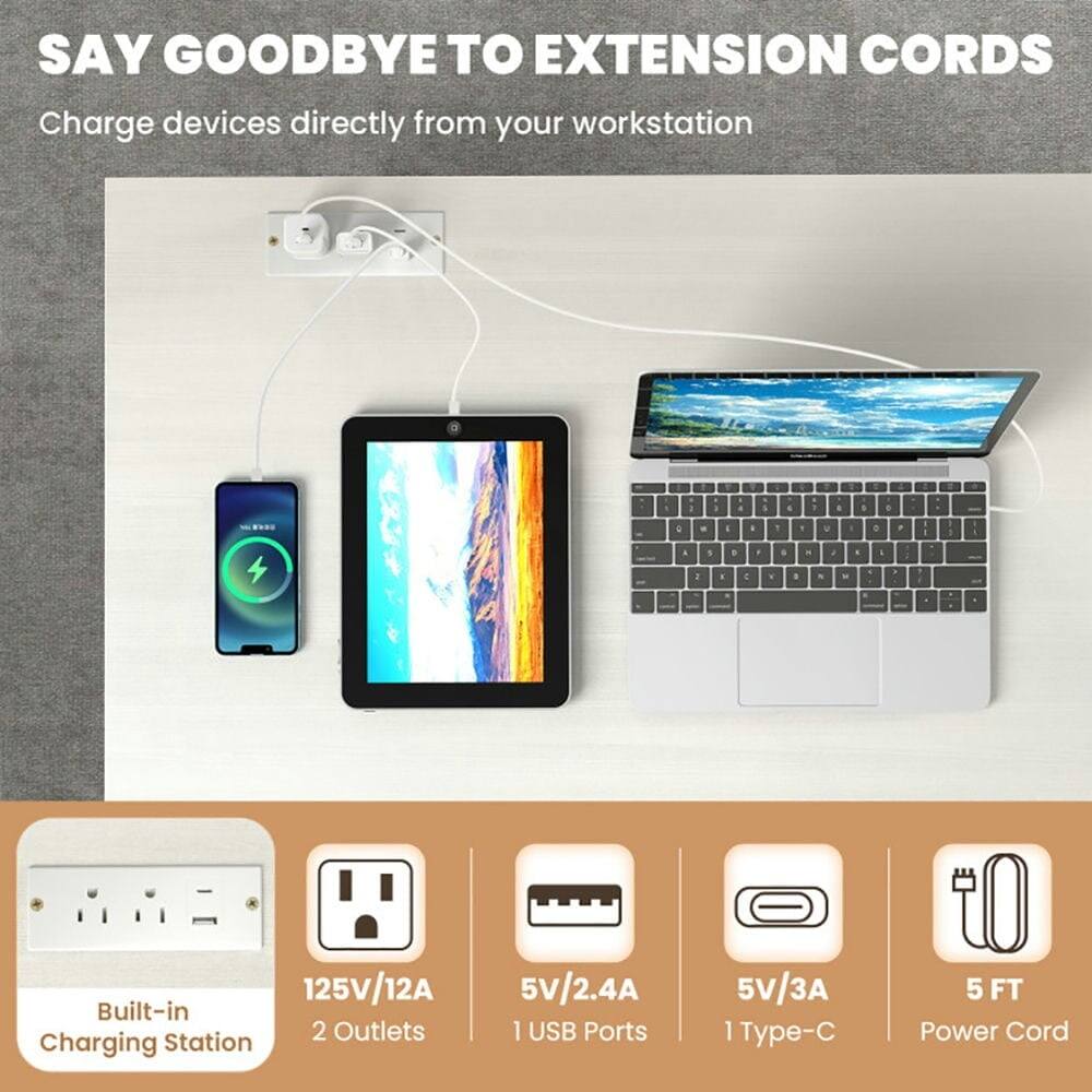 SAY GOODBYE TO EXTENSION CORDS  
Charge devices directly from your workstation.

- Built-in Charging Station
- 125V/12A
- 2 Outlets
- 5V/2.4A
- 1 USB Ports
- 5V/3A
- 1 Type-C
- 5 FT Power Cord