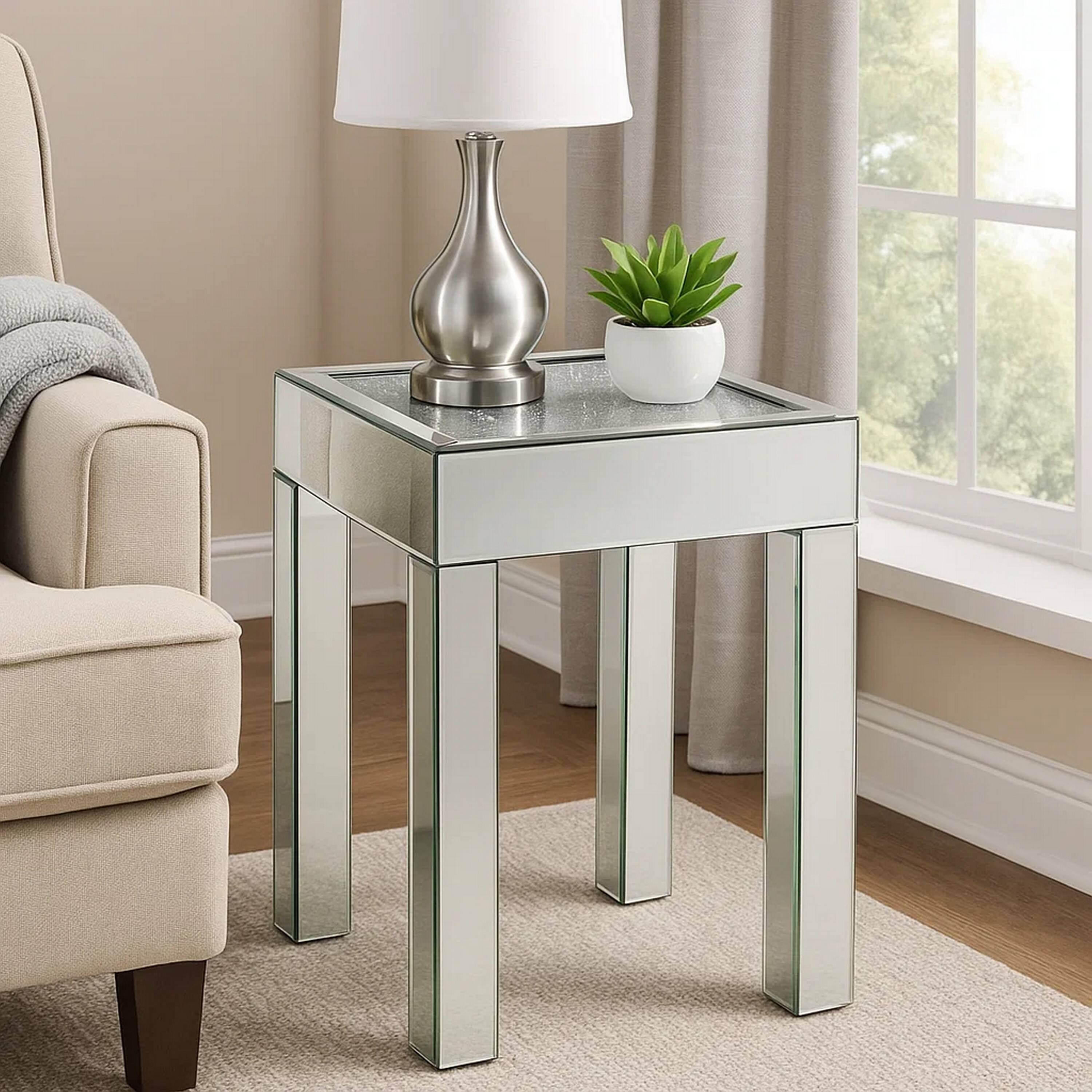Alt View 6. Manhattan Lane - End Table with Faux Acrylic Diamond Top and Block Legs - Silver.