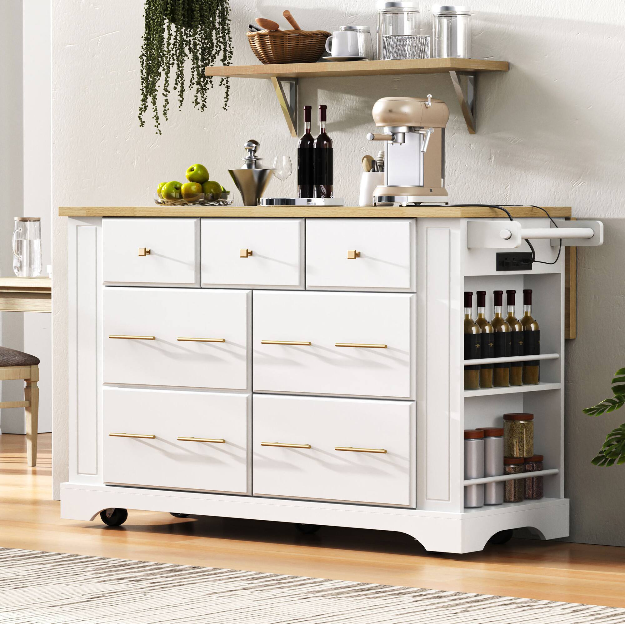 Angle. GOODSILO - Kitchen Island with 6 Drawers, Pull Out Trash Can, Rolling Wheels, Drop Leaf & Power Outlet - White.