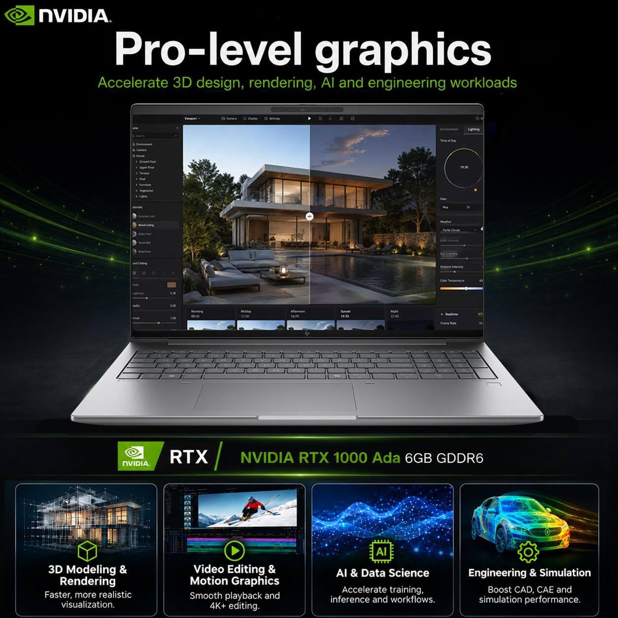NVIDIA. Pro-level graphics Accelerate 3D design, rendering, AI and engineering workloads

Newport
Calories
Setting:
I
an
,
. Fumium
I igh
Daily
Crub
C
Colories
IX
LX 100

Mublay 
14.00
Surset 19:30
Night 20
bultine

NVIDIA.
RTX
NVIDIA RTX 1000 Ada 6GB GDDR6
3D Modeling & Rendering Faster, more realistic visualization.
Video Editing & Motion Graphics Smooth playback and 4K+ editing.
AI AI & Data Science Accelerate training, inference and workflows.
Engineering & Simulation Boost CAD, CAE and simulation performance.