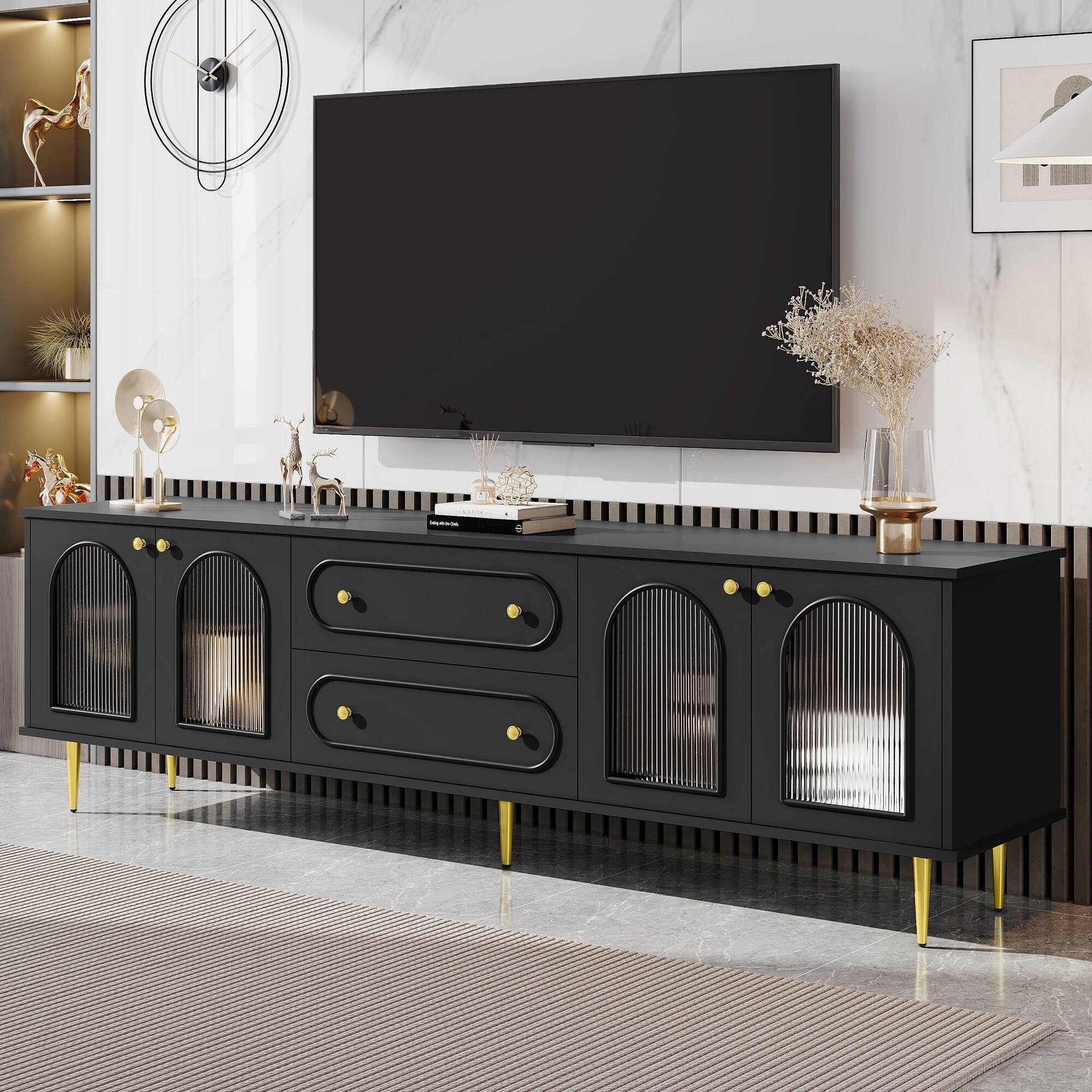 Angle. APRILSOUL - 78.7in Modern TV Stand Cabinet with Five Metal Legs and Metal Handles 2 Drawers 2 Cabinets with Glass Doors Up to 80in - Black.