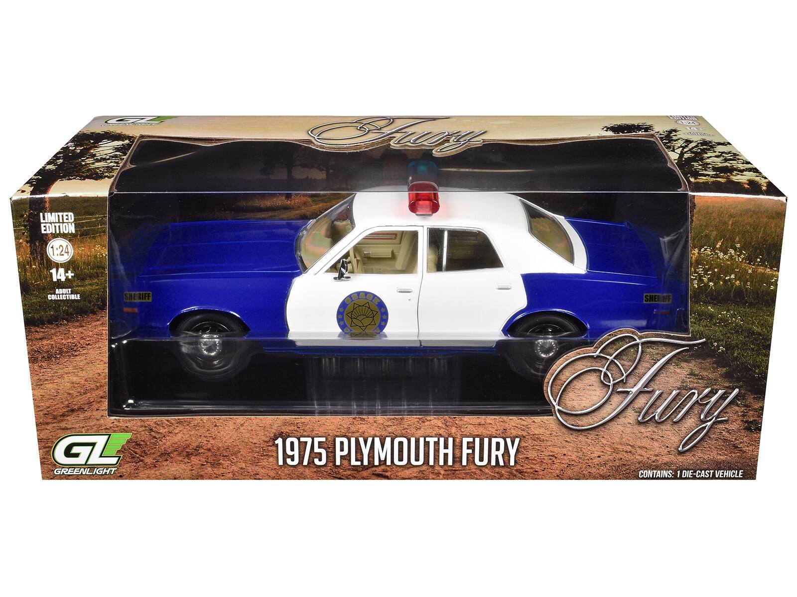 G Fr a0T7es ddd CLUPUA LIMITED EDITION 1:24 14+ ABUET COLLECTIBLE SHERIFF SH GL GREENLIGHT OBAOE SHE OFF O* . 1975 PLYMOUTH FURY Fay CONTAINS: 1 DIE-CAST VEHICLE