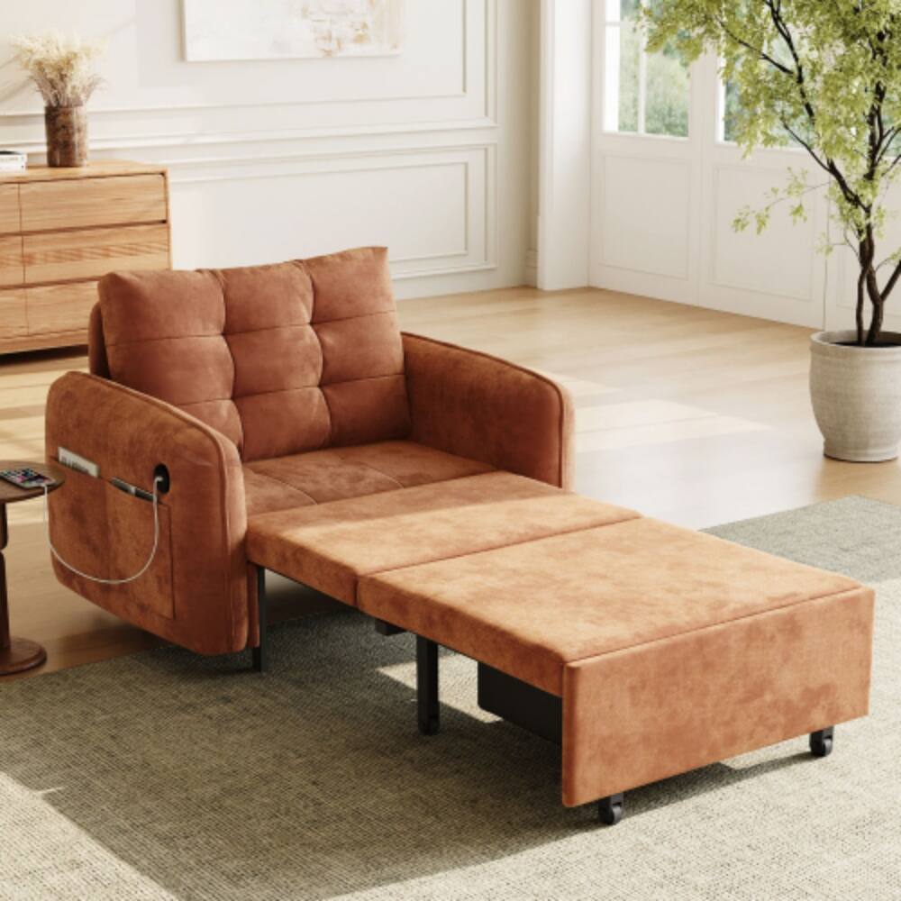 Alt View 2. LUCKY ONE - 80" 3-in-1 Extra Long Pull-Out Sleeper Chair Bed w/ USB Charging Storage Pockets & Box - Orange.