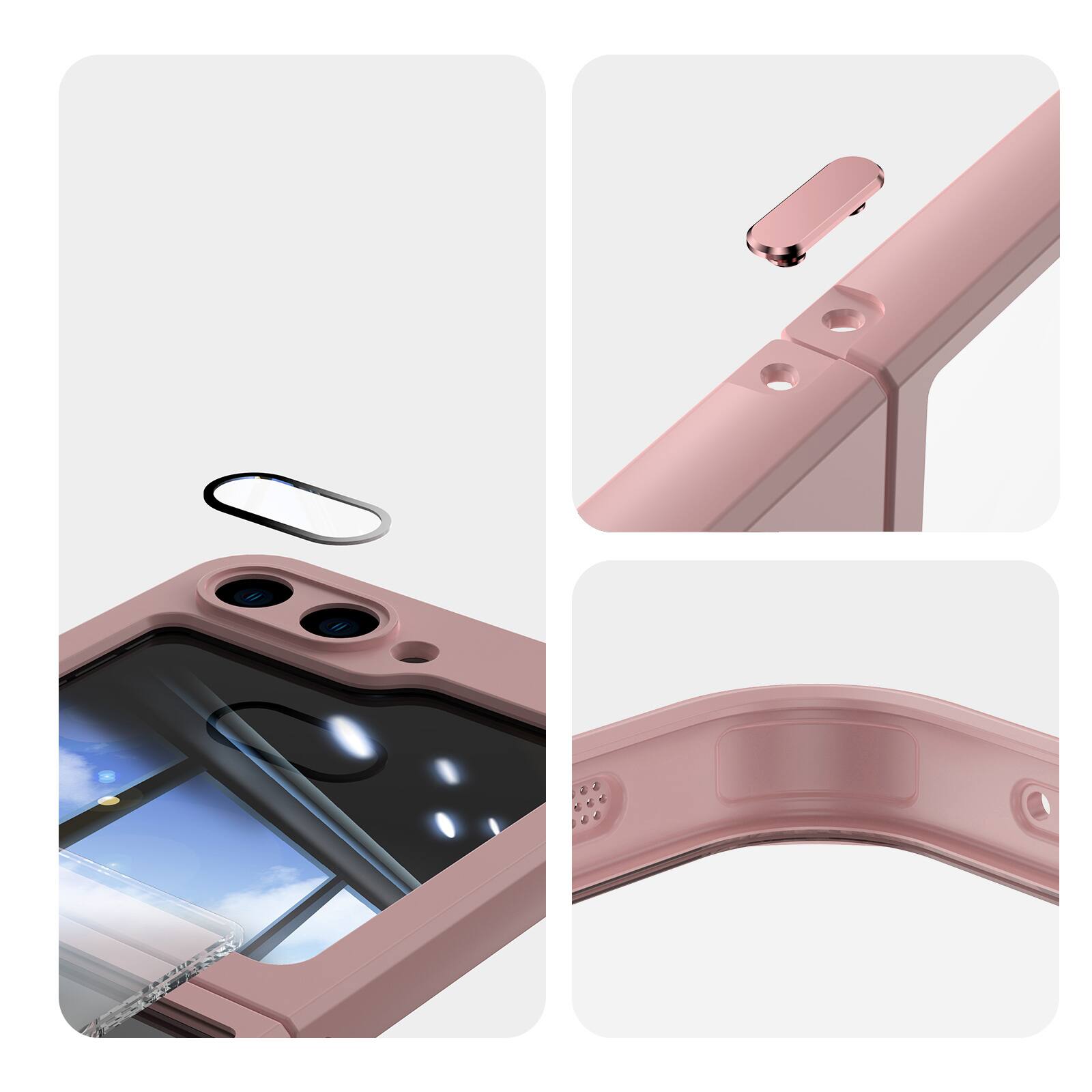 Angle. Dteck - Magnetic Case for Samsung Galaxy Z Flip6 with Built-in Lens Protector, 360° Rotating Ring Stand Clear Shockproof Cover - Pink.