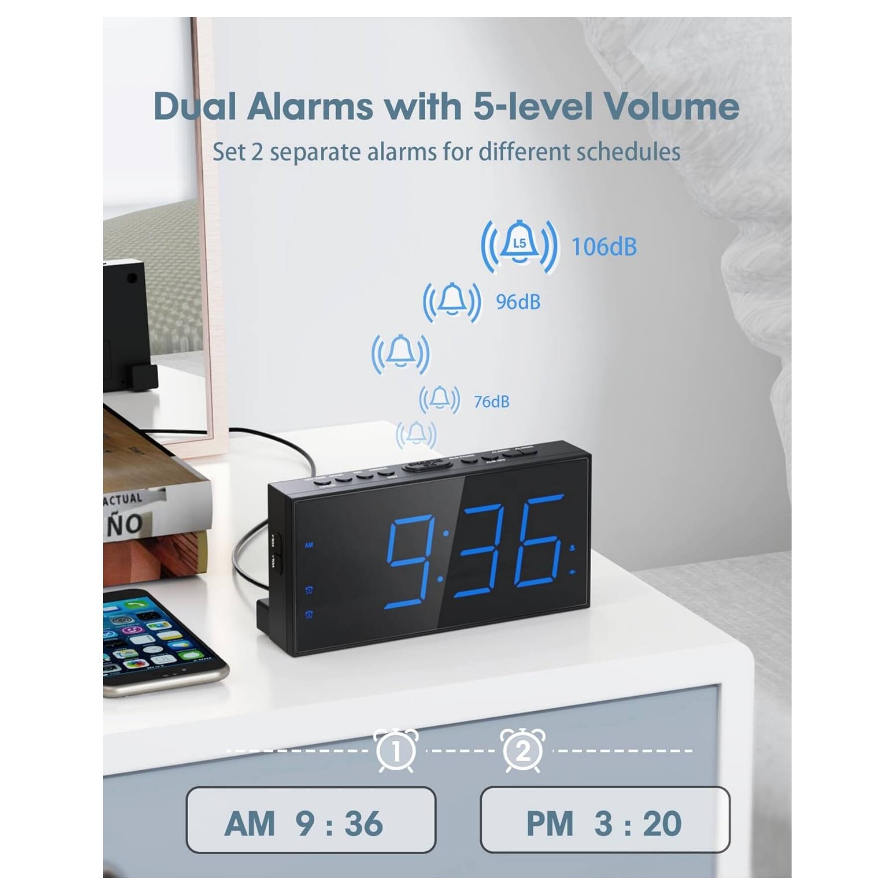 Dual Alarms with 5-level Volume  
Set 2 separate alarms for different schedules  

106dB  
96dB  
76dB  

AM 9:36  
PM 3:20