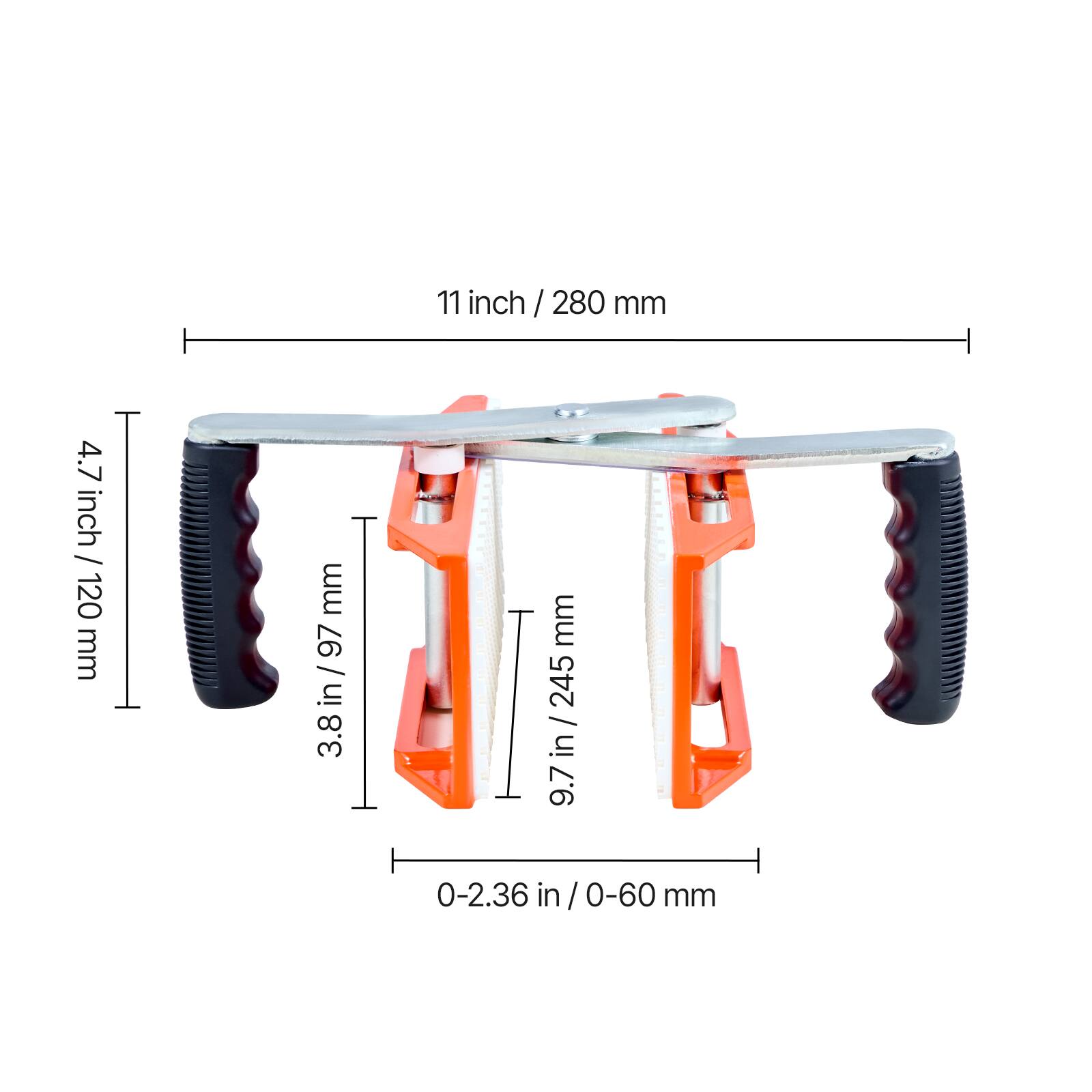 11 inch / 280 mm  
4.7 inch / 120 mm  
3.8 inch / 97 mm  
9.7 inch / 245 mm  
0-2.36 inch / 0-60 mm