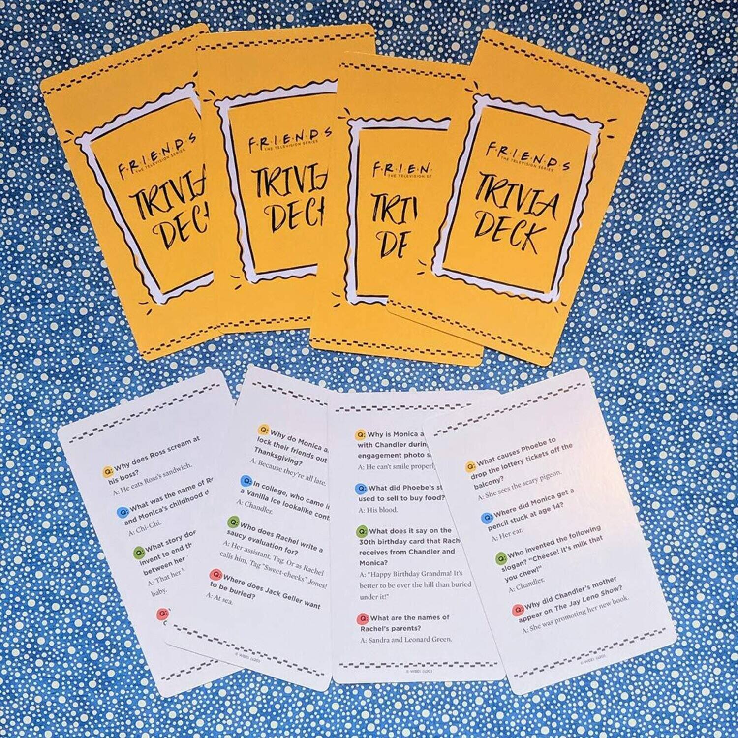 Sure, here is the corrected and grouped text from the image:

---

**FRIENDS TRIVIA DECK**

**Why does Ross scream at his boss's sandwich?**
A. He can't eat it.
B. It's a Reuben.

**What was the name of Rachel's childhood and Monica's childhood?**
A. Chandler
B. Monica

**What story does Rachel invent to her?**
A. The "Sweet-chocks" story
B. The "Sweet-chocks" story

**Who does Jack Geller want to bury?**
A. Chandler
B. Monica

**Why does Monica look like a Chandler during their engagement photo?**
A. She can't smile properly.
B. She can't smile properly.

**What does Phoebe's sister do to sell food?**
A. She uses pigeons.
B. She uses pigeons.

**What does Monica say on the birthday card that Rachel receives from Chandler and Monica?**
A. "Happy Birthday Grandma! It's a chew!"
B. "Happy Birthday Grandma! It's a chew!"

**What are the names of Chandler's parents?**
A. Sandra and Leonard Green
B. Sandra and Leonard Green

**Why does Monica look