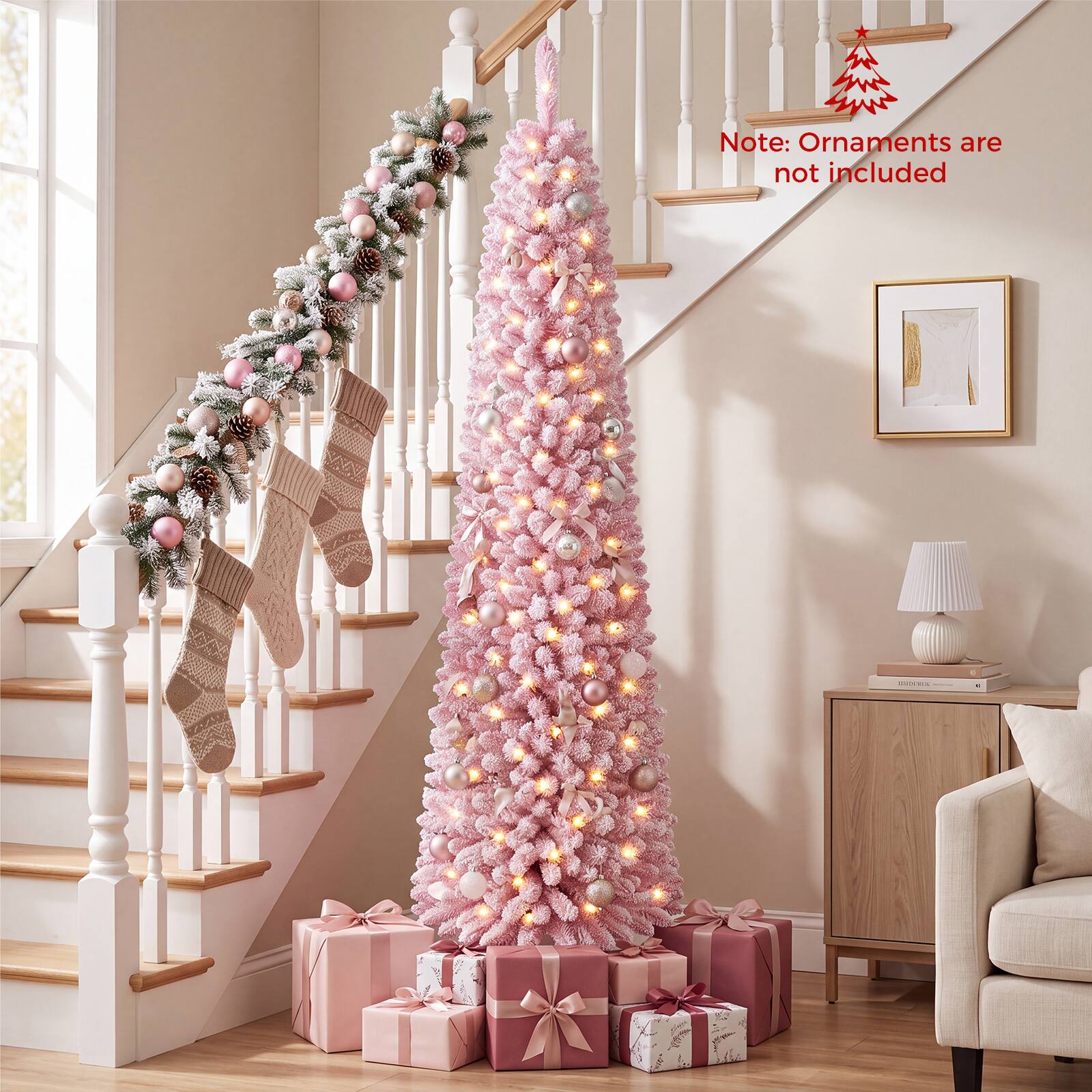 Costway - 7 FT Artificial Fir Xmas Tree with 523 Full Branch Tips, 190 Warm LED Lights - Light Pink