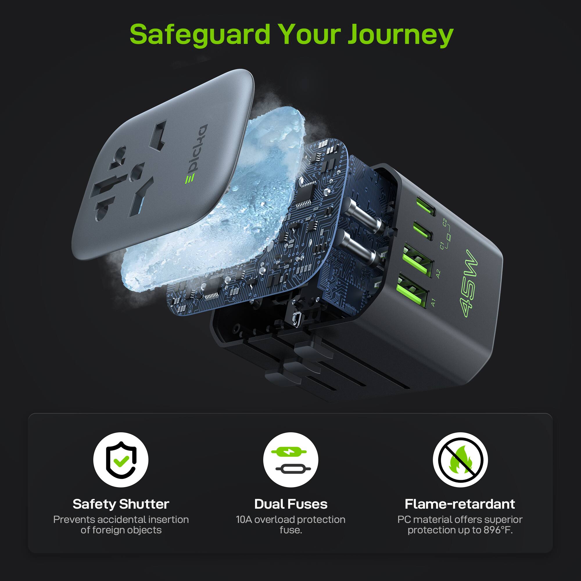 Safeguard Your Journey

- Safety Shutter: Prevents accidental insertion of foreign objects
- Dual Fuses: 10A overload protection fuse
- Flame-retardant: PC material offers superior protection up to 896°F