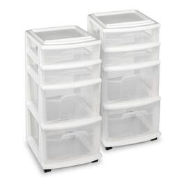 Homz - Clear Plastic 4 Drawer Medium Storage Container Tower, White Frame (2 Pack)