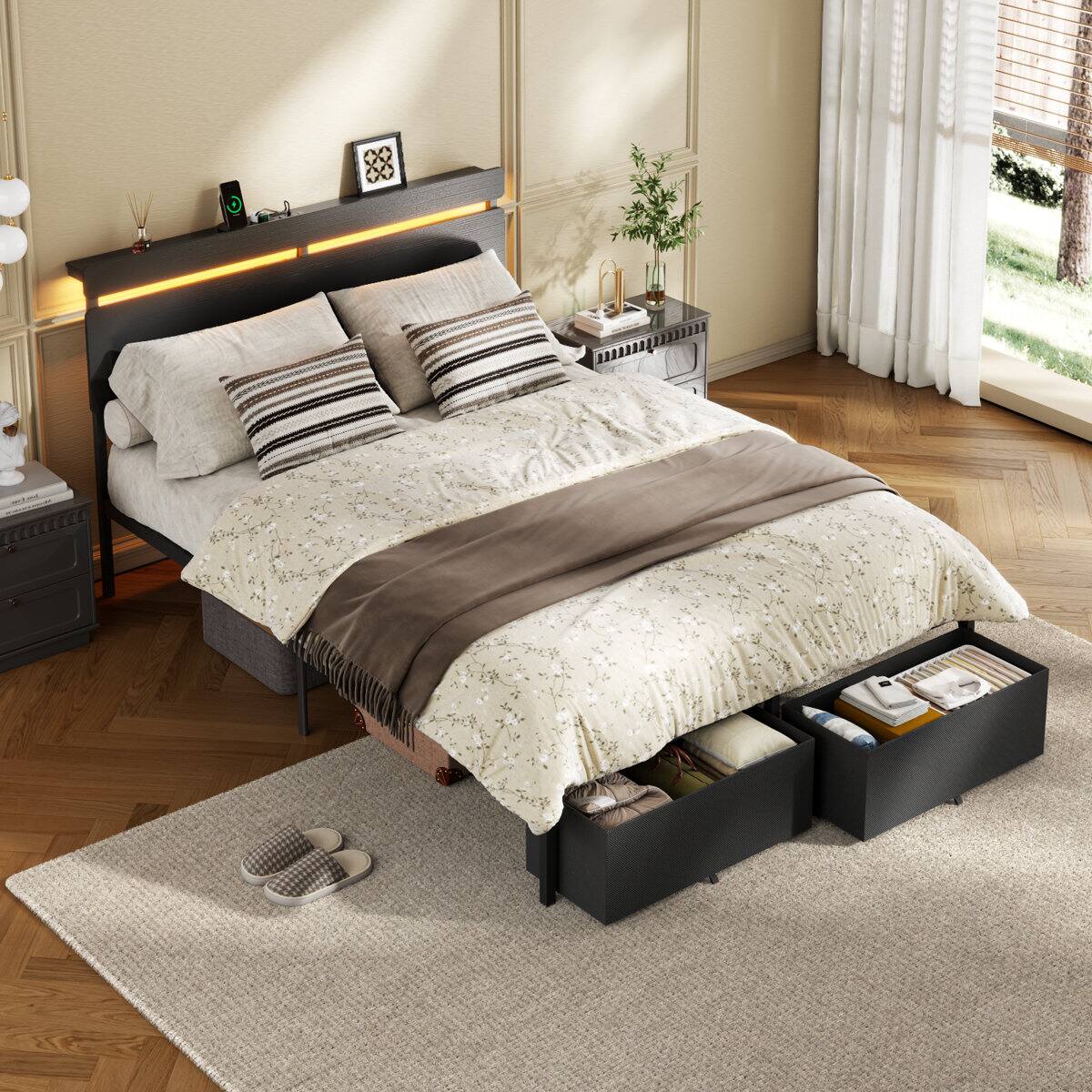 Angle. Furnulem - Platform Bed with 2 Drawers and Open Storage Headboard Adjustable LED Light and Charging Station - Black.