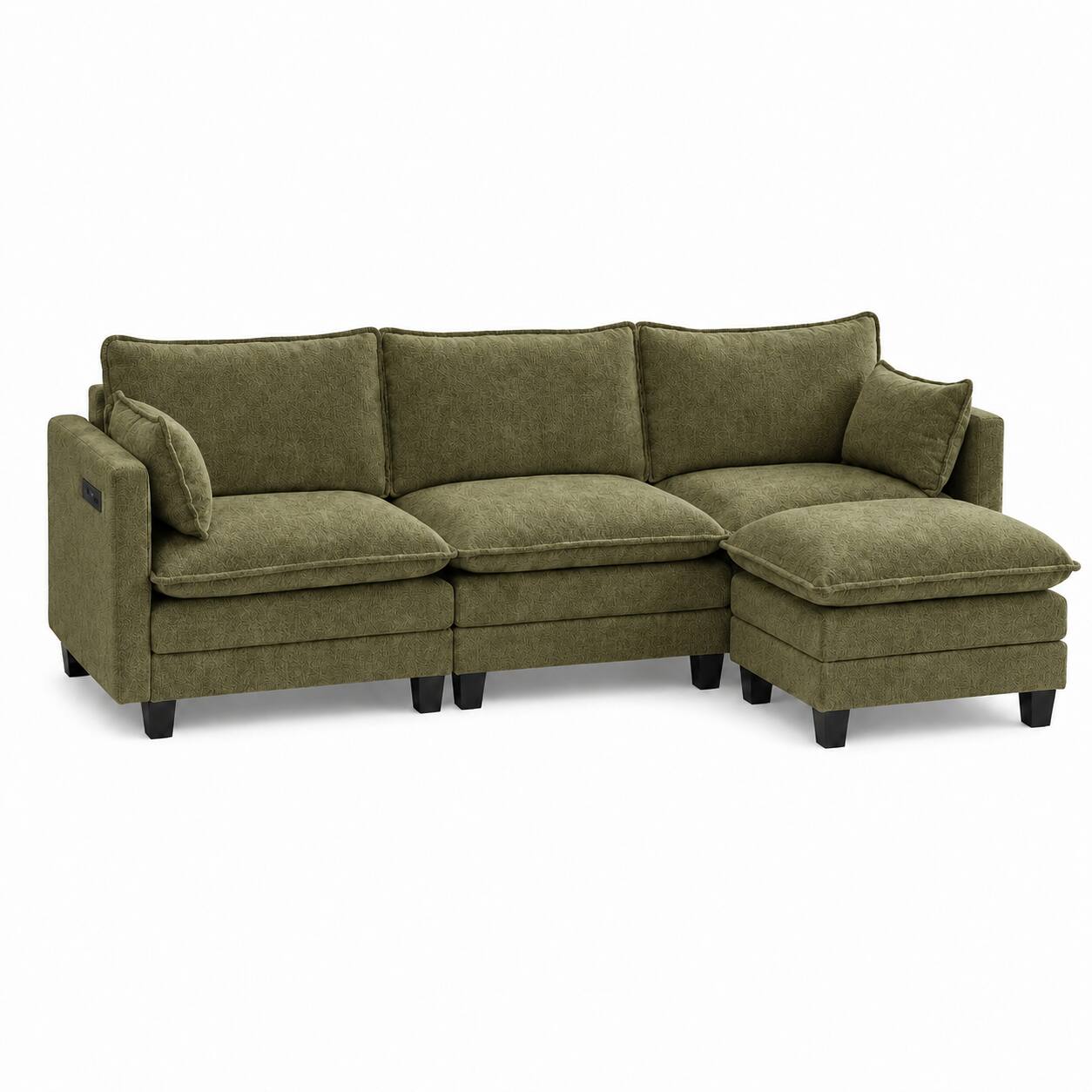 Anysun - Modern Chenille 3-Seat Couch with Matching Ottoman, Built-in USB Ports and Side Pockets - Antique Light Green