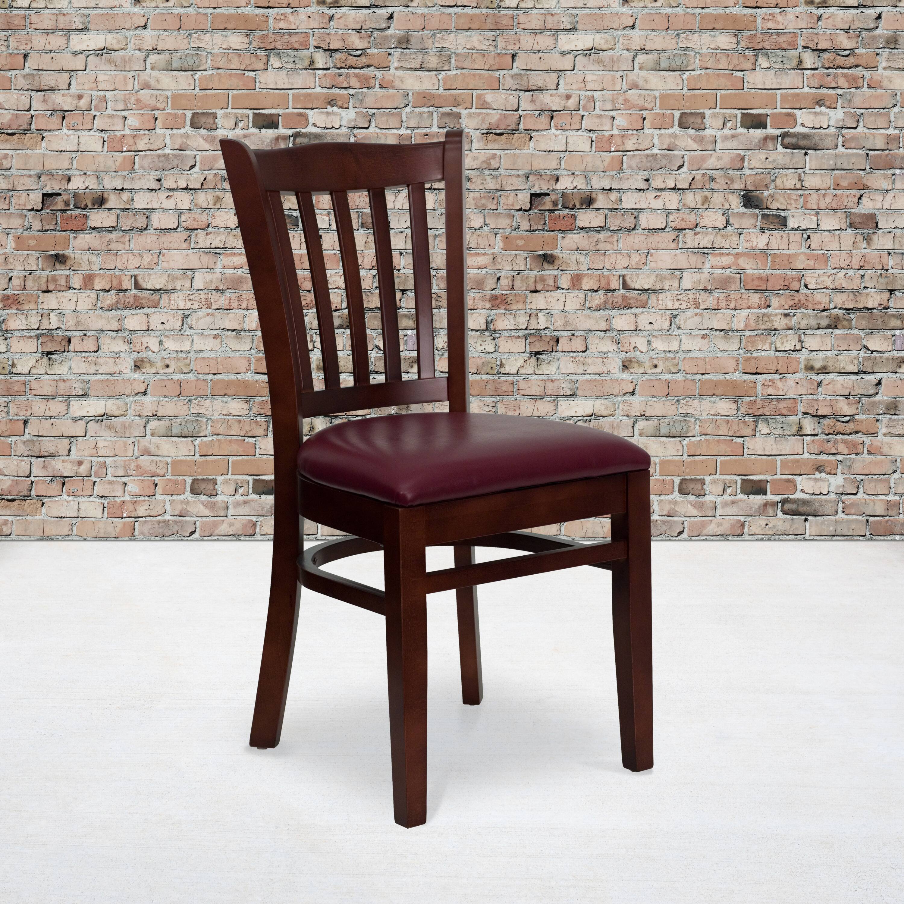 Alt View 1. Emma + Oliver - Vertical Slat Back Wooden Restaurant Dining Chair - Burgundy Vinyl Seat/Mahogany Wood Frame.