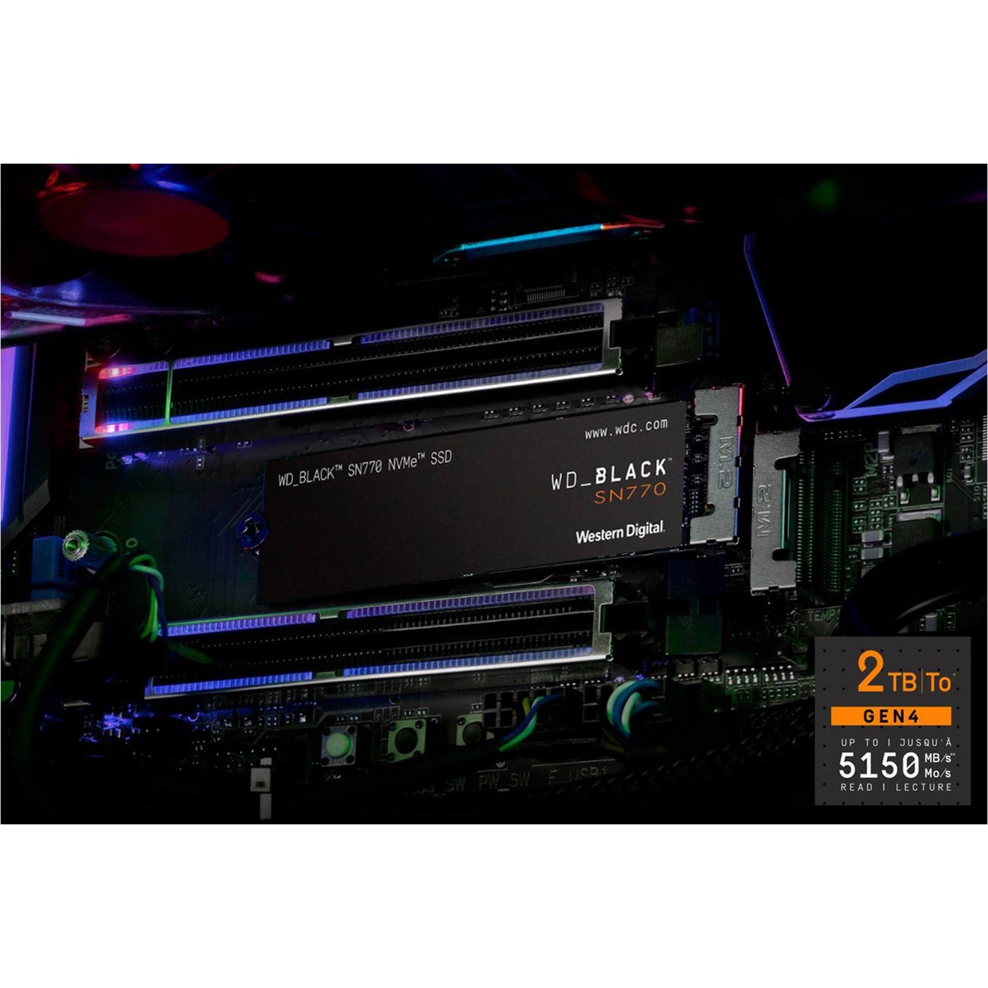 The text on the image reads: "www.wdc.com NVMe SSD WD\_BLACK SN778 WD\_BLACK SN770 Western Digital CESTAN R 2 TB To GEN4 UP TO - JUSQU'A MB/S 5150 Mo/s READ - LECTURE."