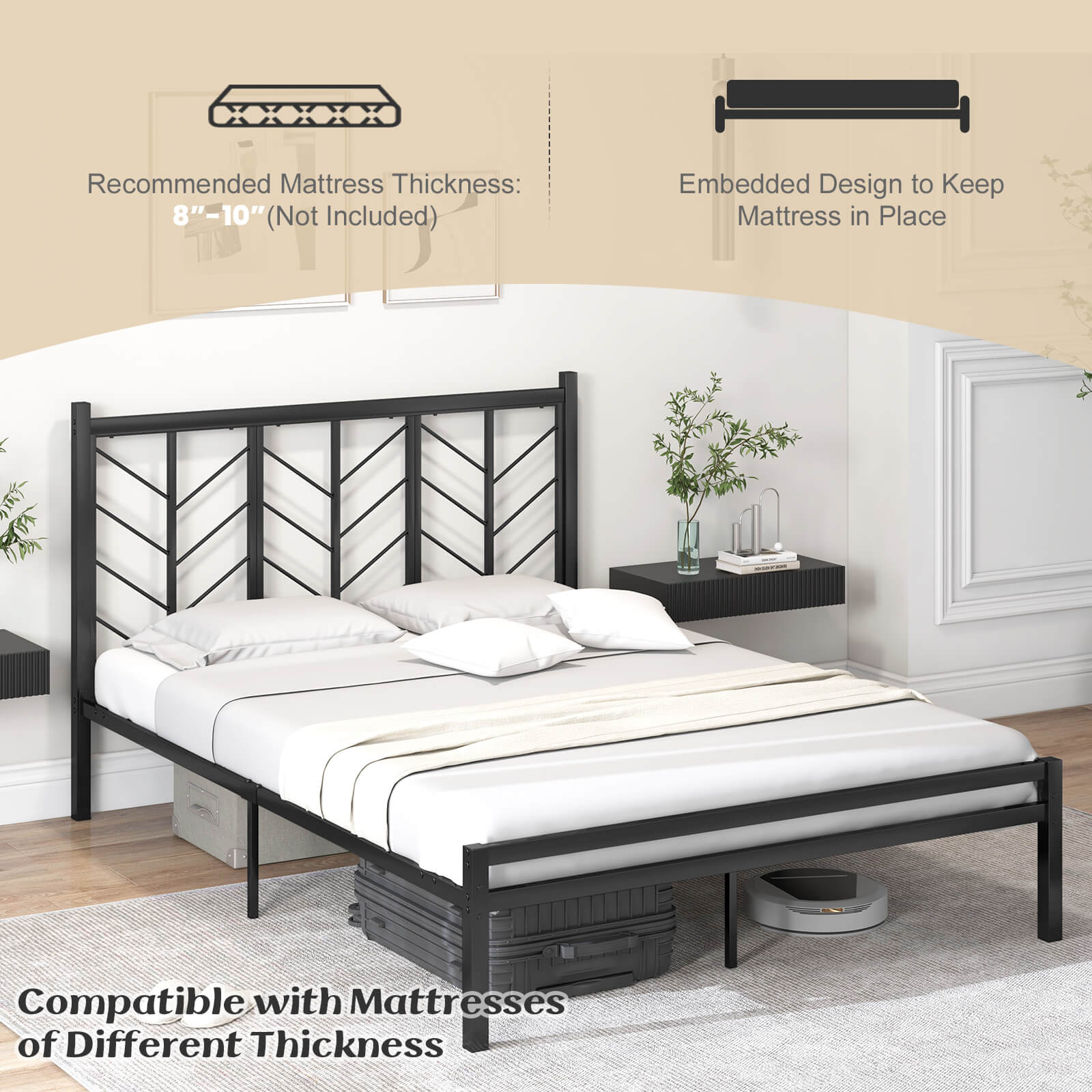 The image features a bed with a black headboard and a white mattress. The bed is accompanied by a nightstand and a vase with flowers on it. The text on the image states that the bed is compatible with mattresses of different thicknesses, and it also recommends a mattress thickness of 8"-10" (not included). The bed is designed with an embedded design to keep the mattress in place, ensuring a secure and comfortable sleeping experience.