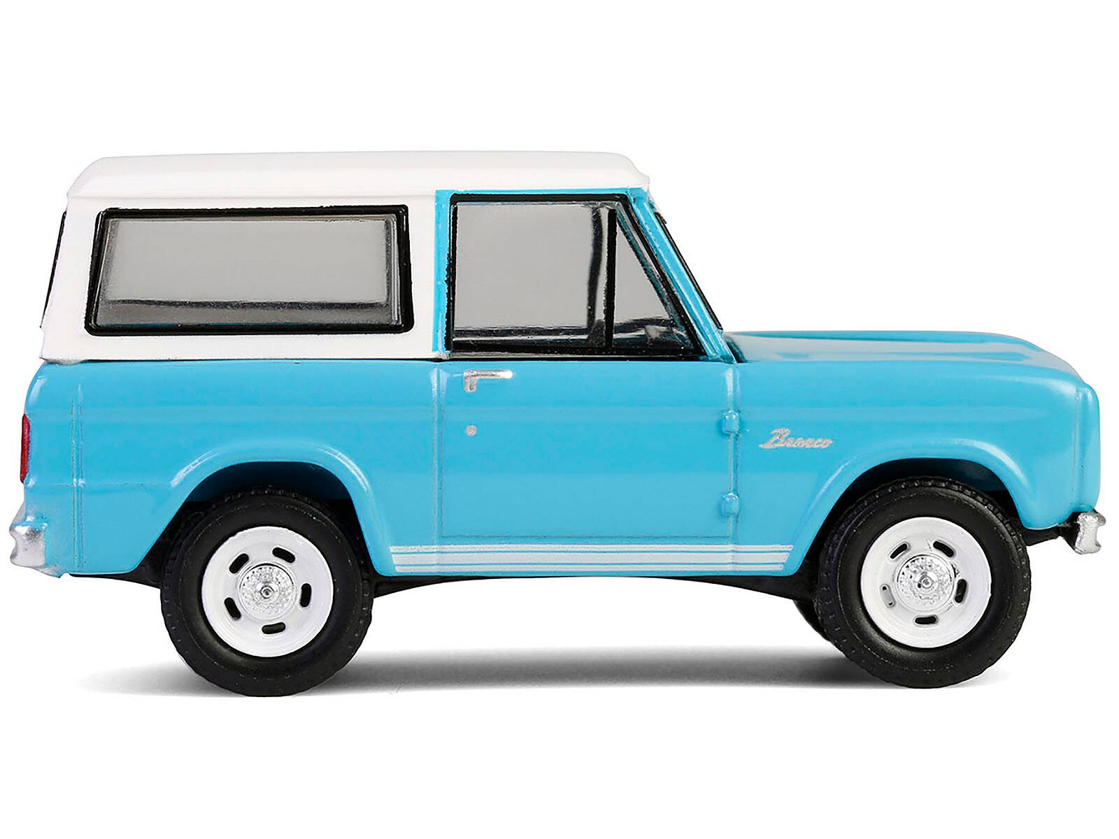 Left. Greenlight - 1966 Ford Bronco Custom SUV Turquoise Blue with White Top "Barrett-Jackson" Series 15 1/64 - Turquoise Blue with White.