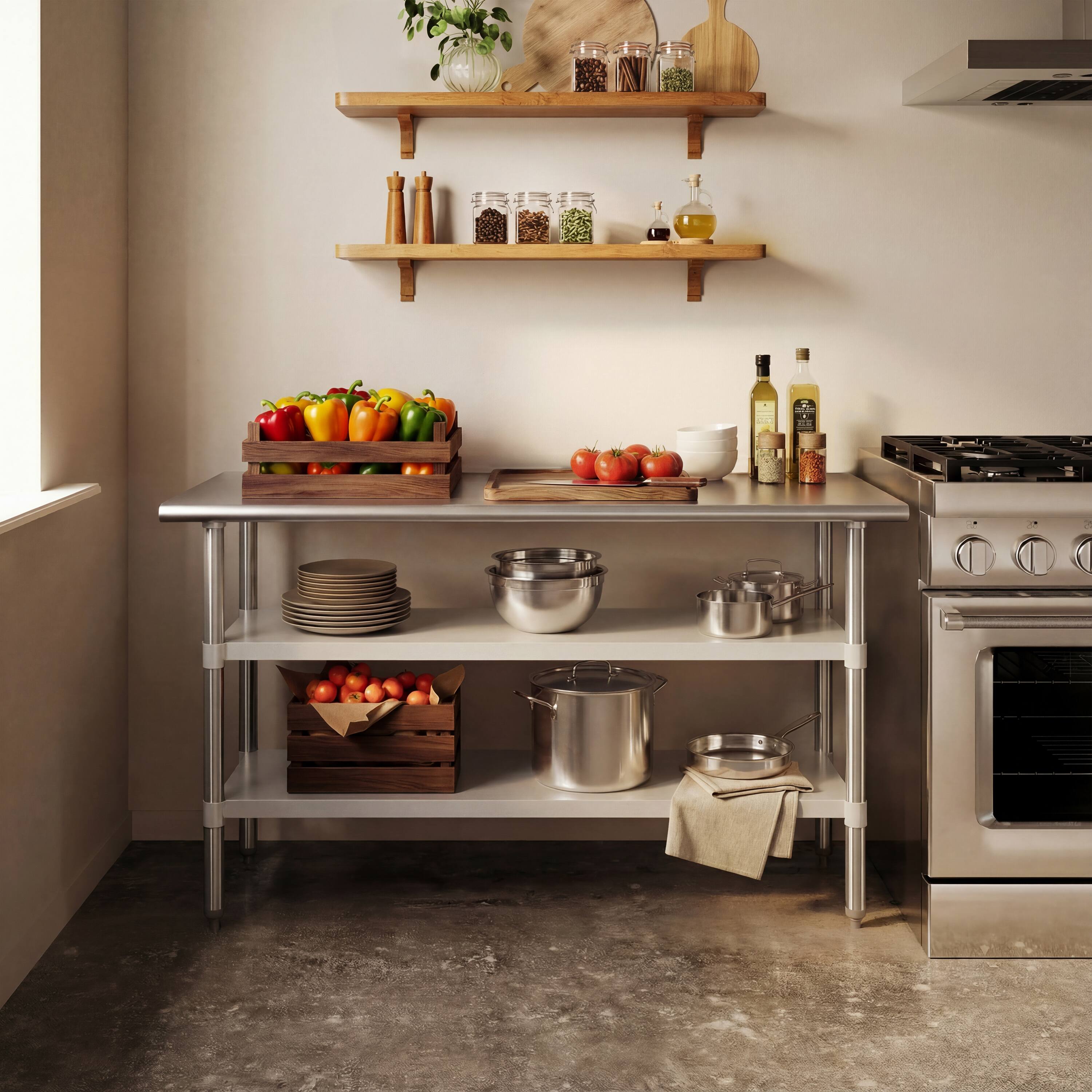 Alt View 1. Flash Furniture - Randolph Stainless Steel 18 Gauge Work Table with 2 Undershelves - 60"W x 24"D x 34.5"H, NSF - Gray.