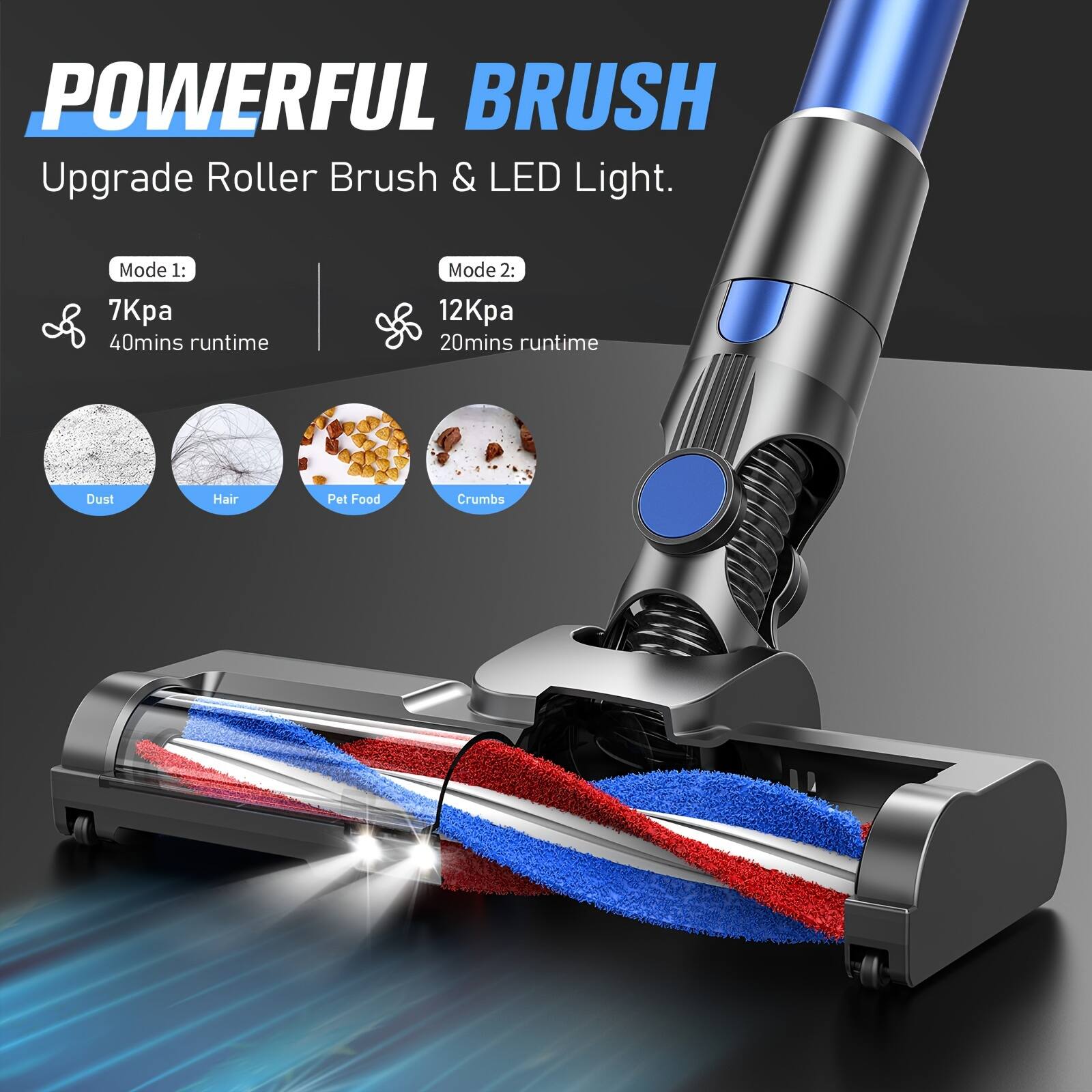POWERFUL BRUSH Upgrade Roller Brush & LED Light. Mode 1: 7Kpa 40mins runtime Mode 2: 12Kpa 20mins runtime Dust Hair Pet Food Crumbs